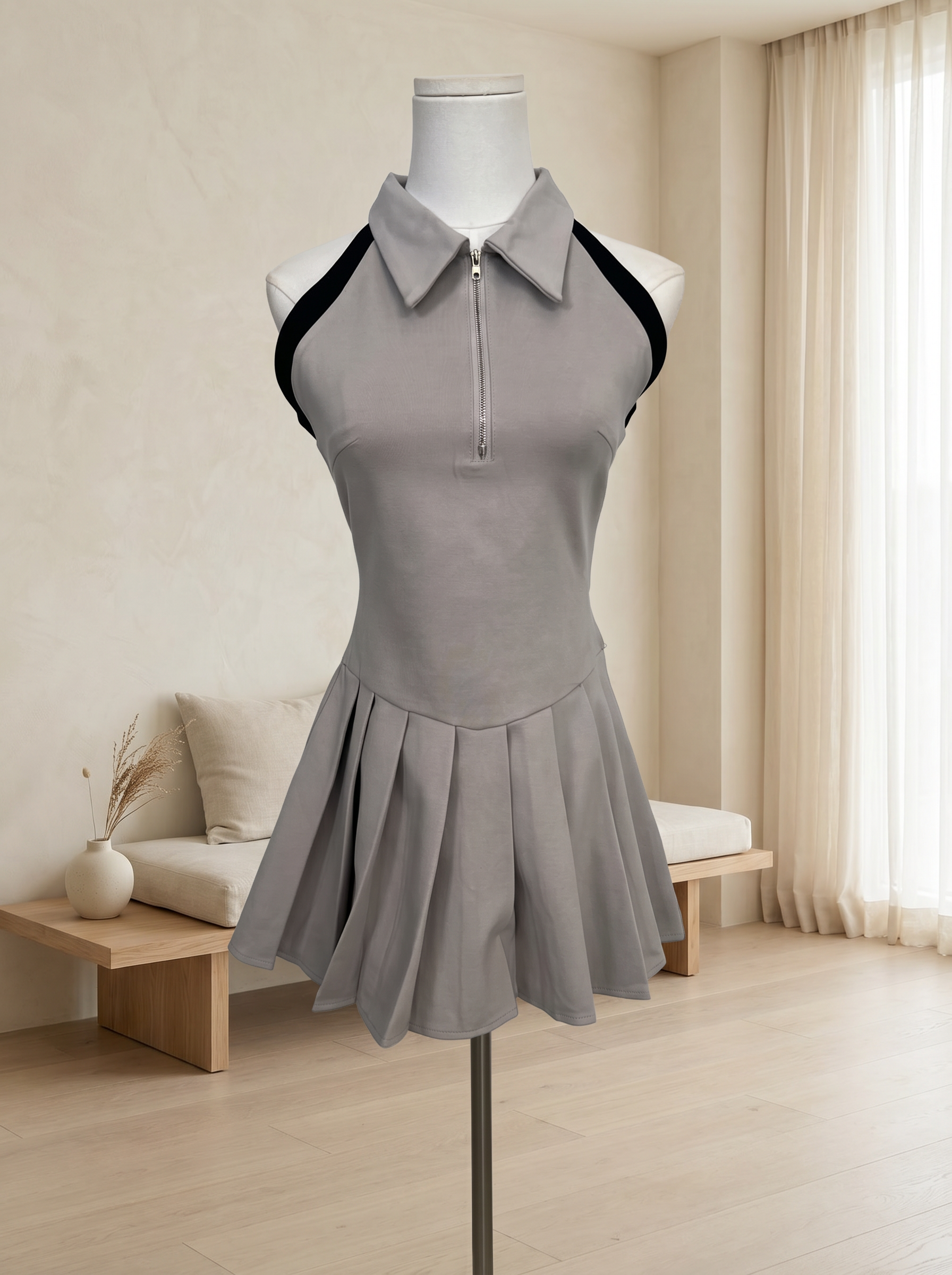 韩系削肩撞色设计百褶连身裙 (ST21629)