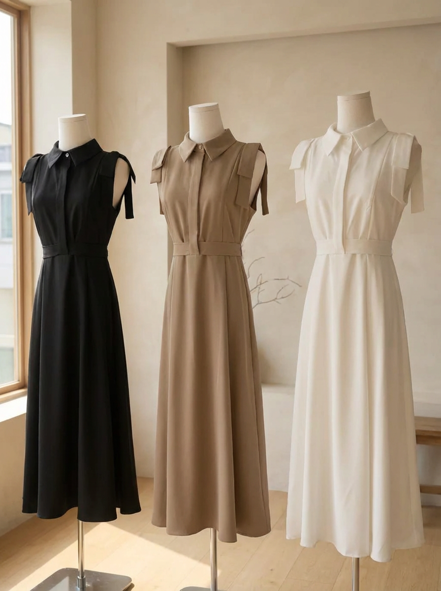 气质A字裙摆系带设计连身裙 (ST21627)