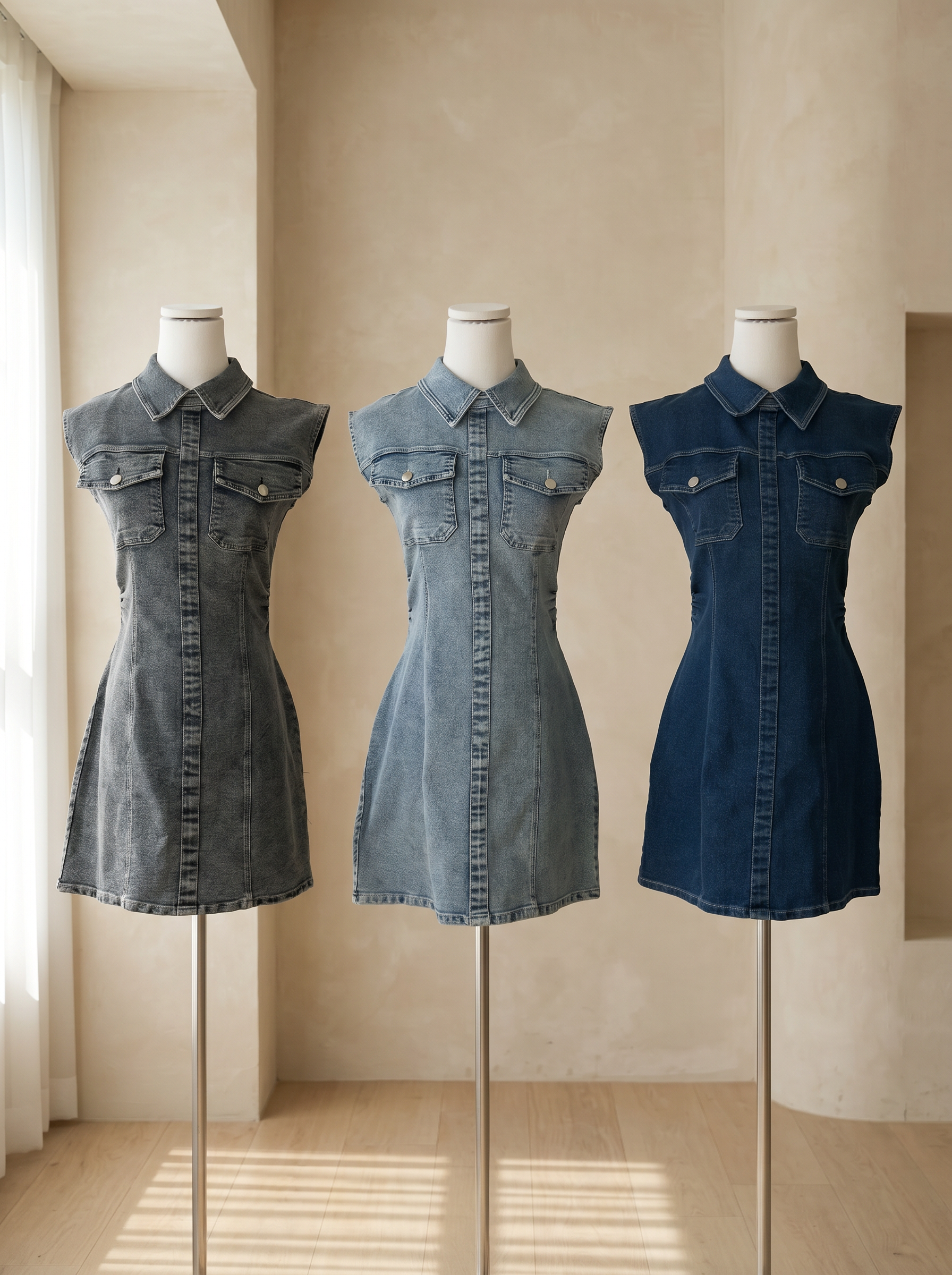 韩系ins风翻领皱褶收腰设计牛仔连身裙 (ST21628)