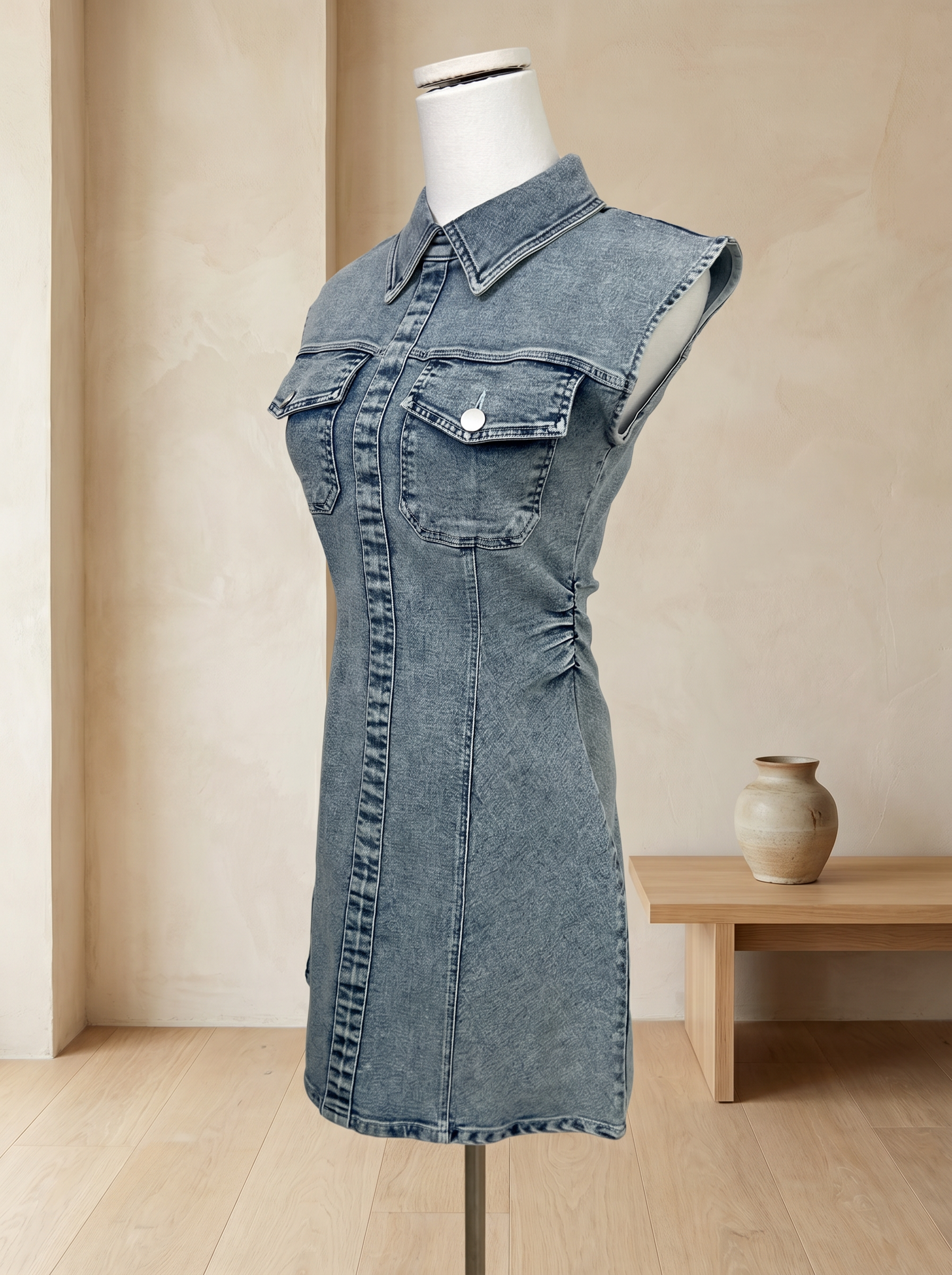 韩系ins风翻领皱褶收腰设计牛仔连身裙 (ST21628)