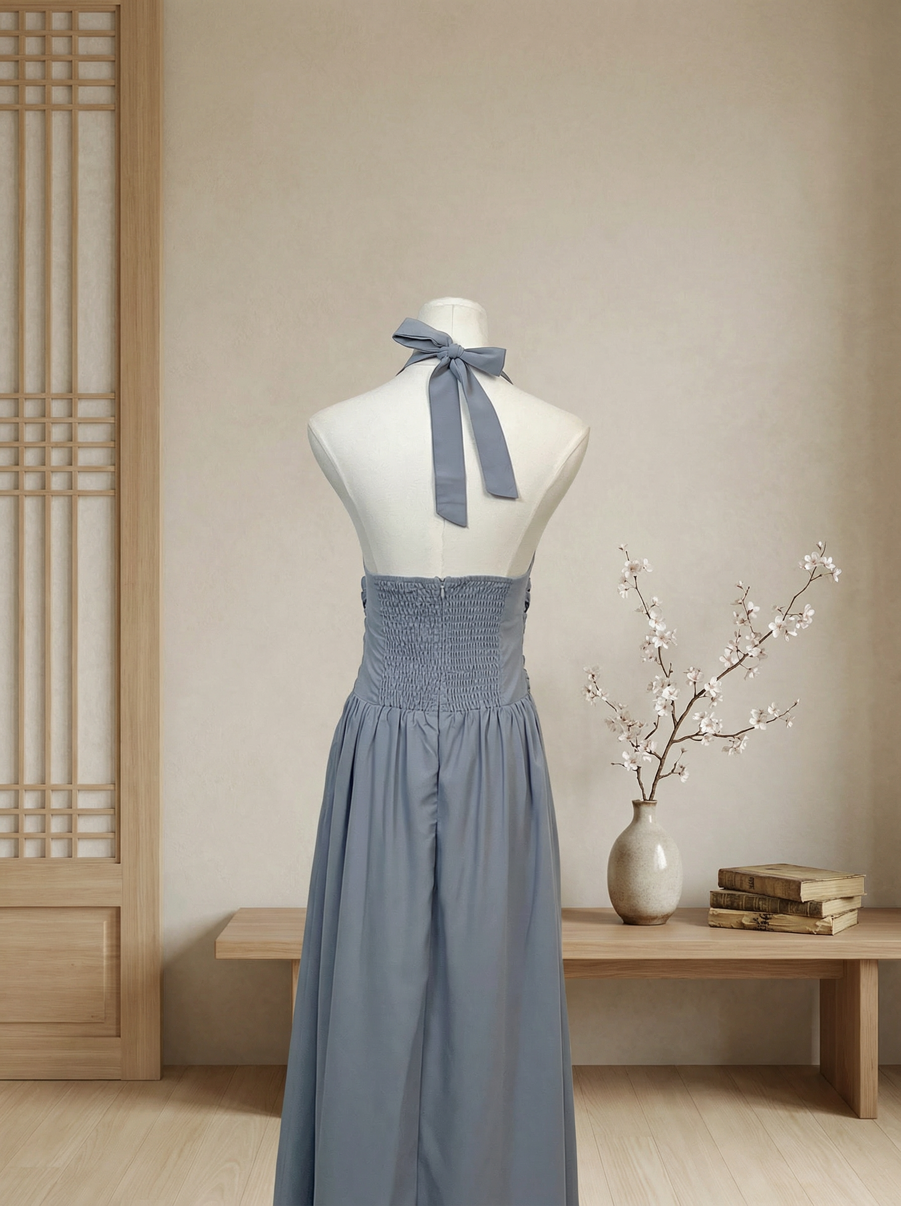 高级感V领系带设计挂脖连身裙 (ST21621)