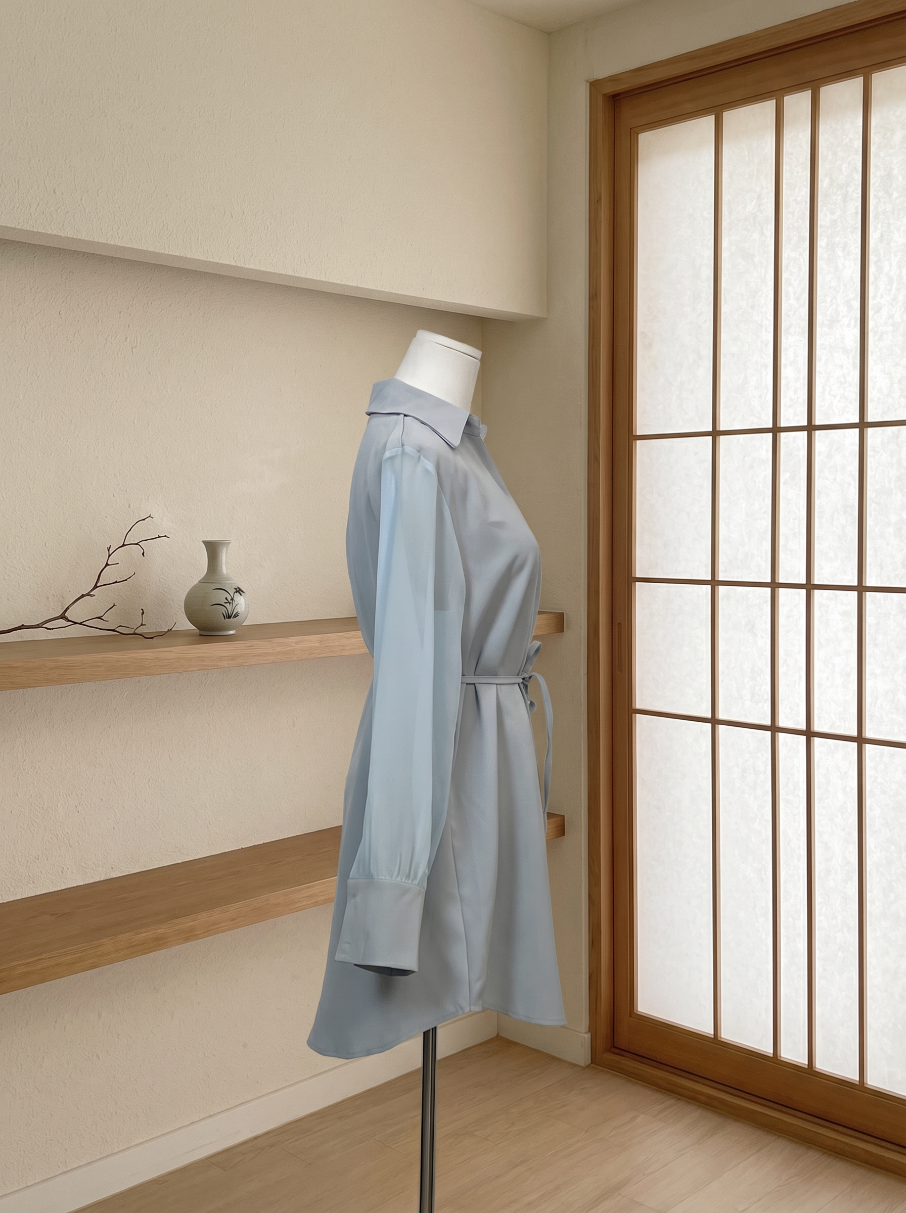 韩系V领宽松设计长袖连身裙  (ST21617)