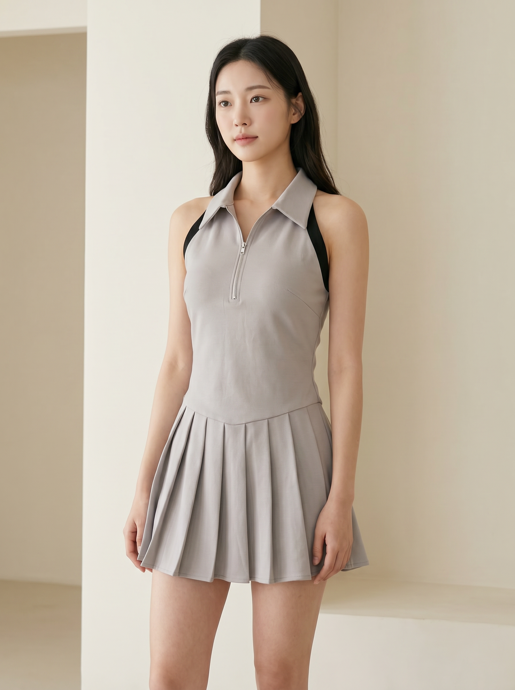 韩系削肩撞色设计百褶连身裙 (ST21629)