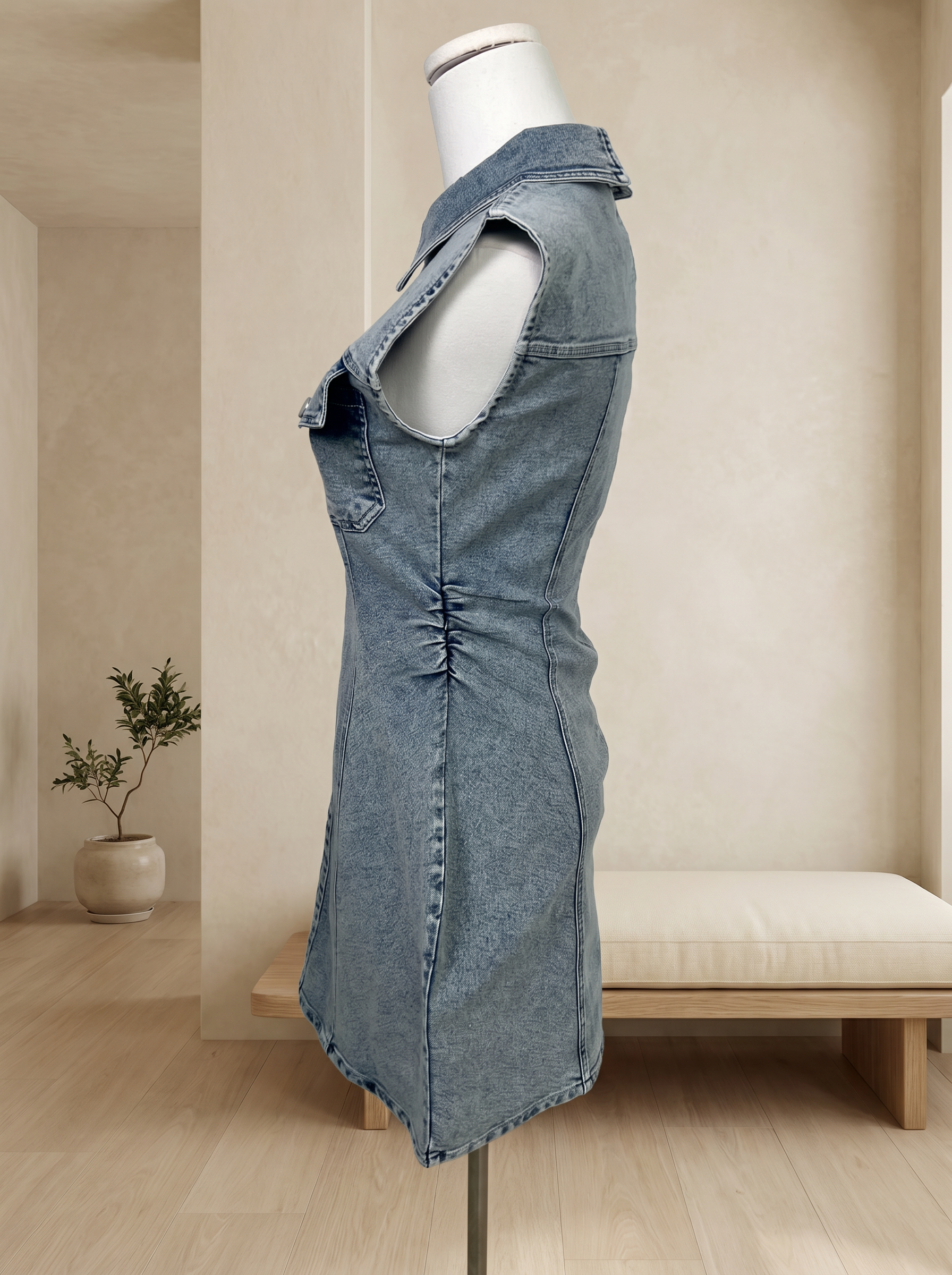 韩系ins风翻领皱褶收腰设计牛仔连身裙 (ST21628)