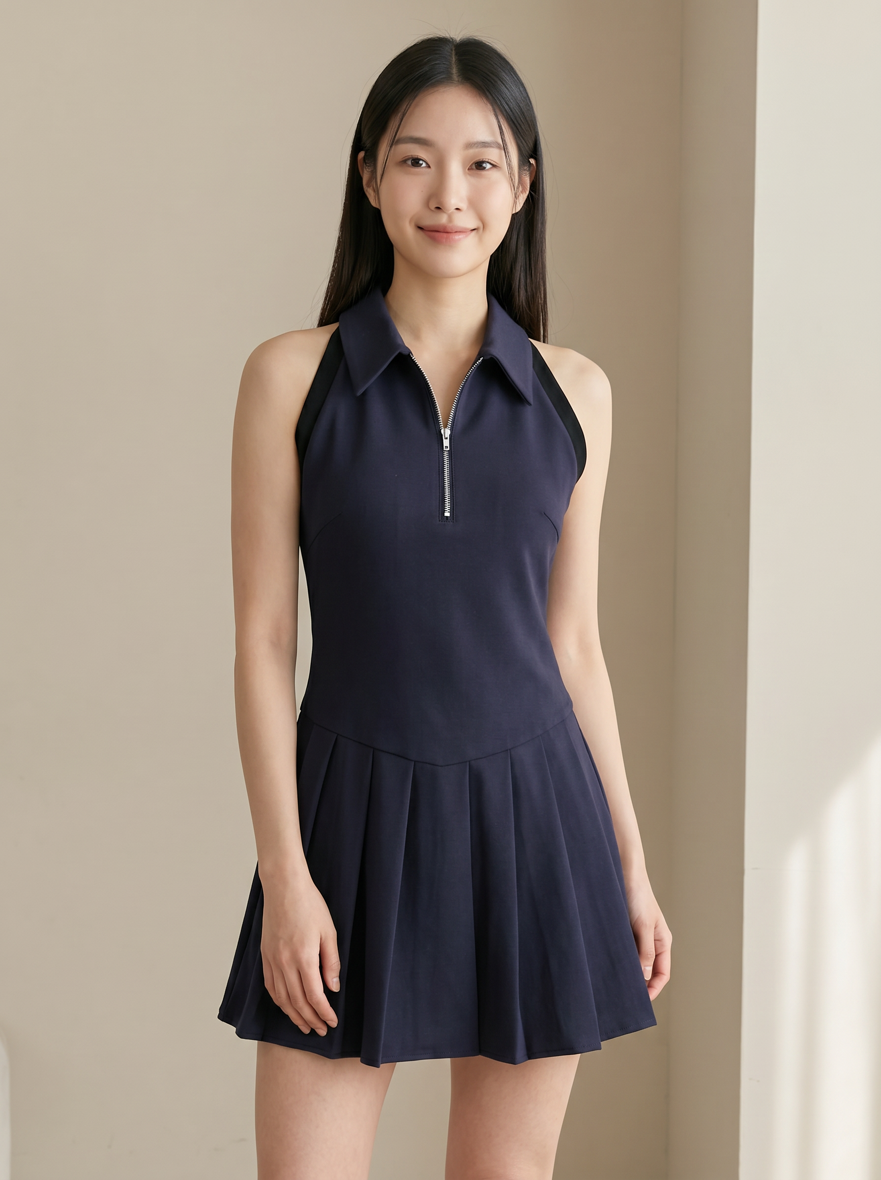 韩系削肩撞色设计百褶连身裙 (ST21629)