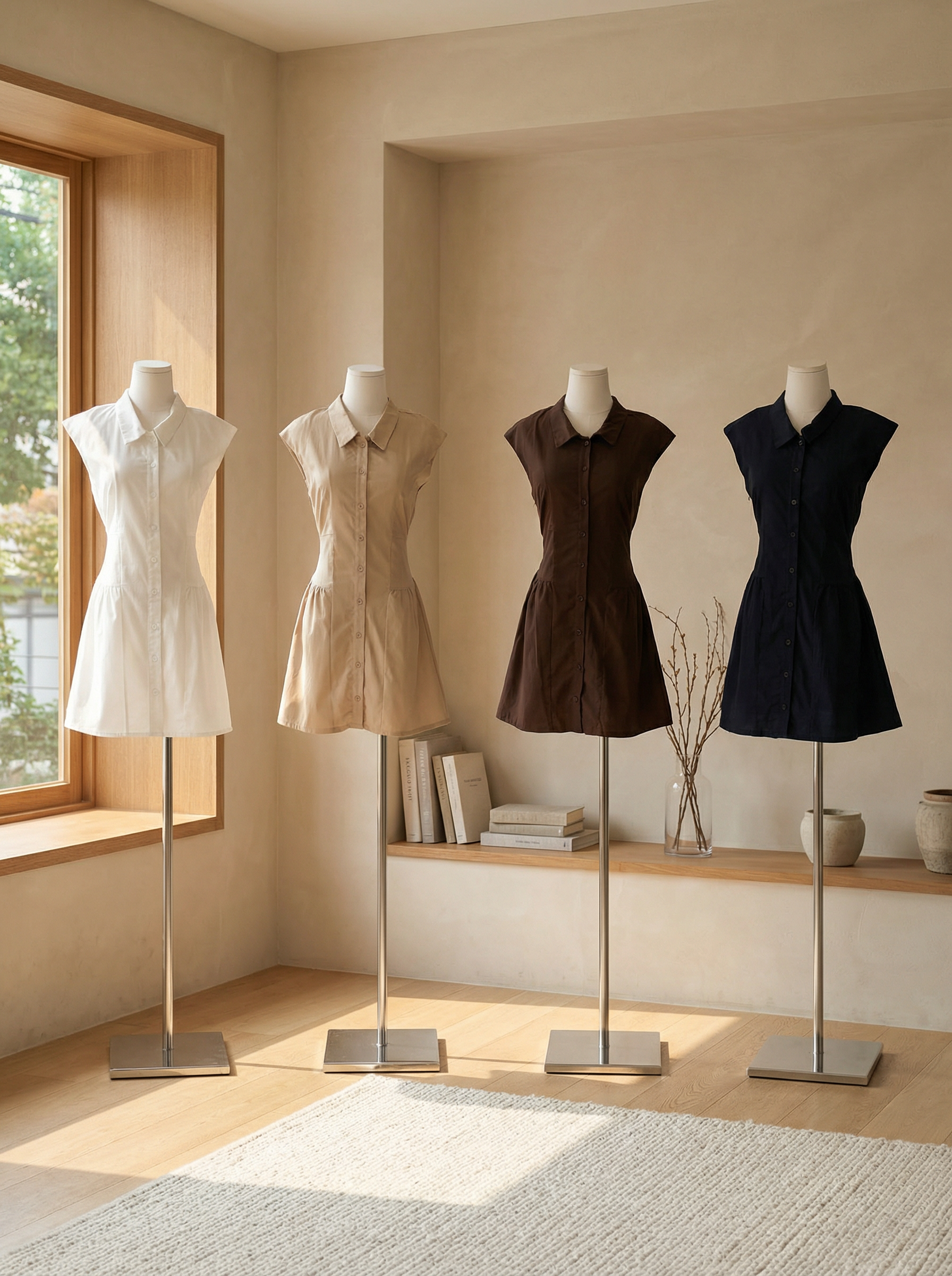 韩系收腰翻领设计无袖连身裙 (ST21612)