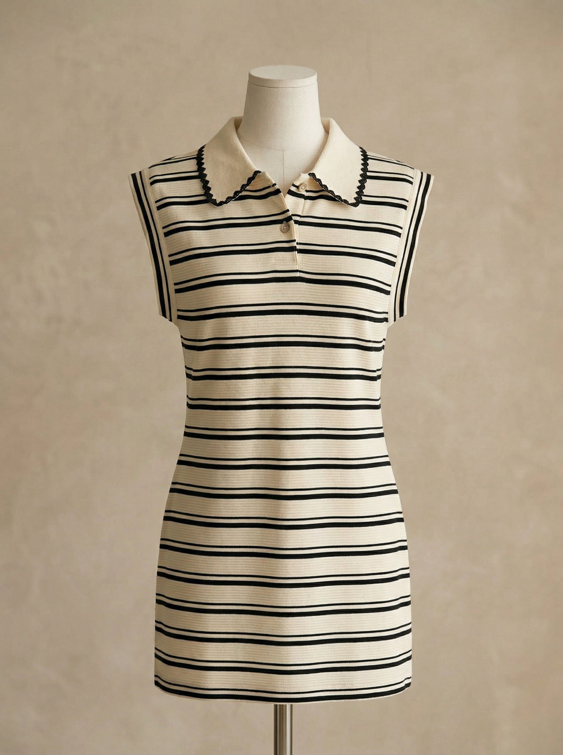 韩系翻领拼接蕾丝条纹连身裙 (ST21620)