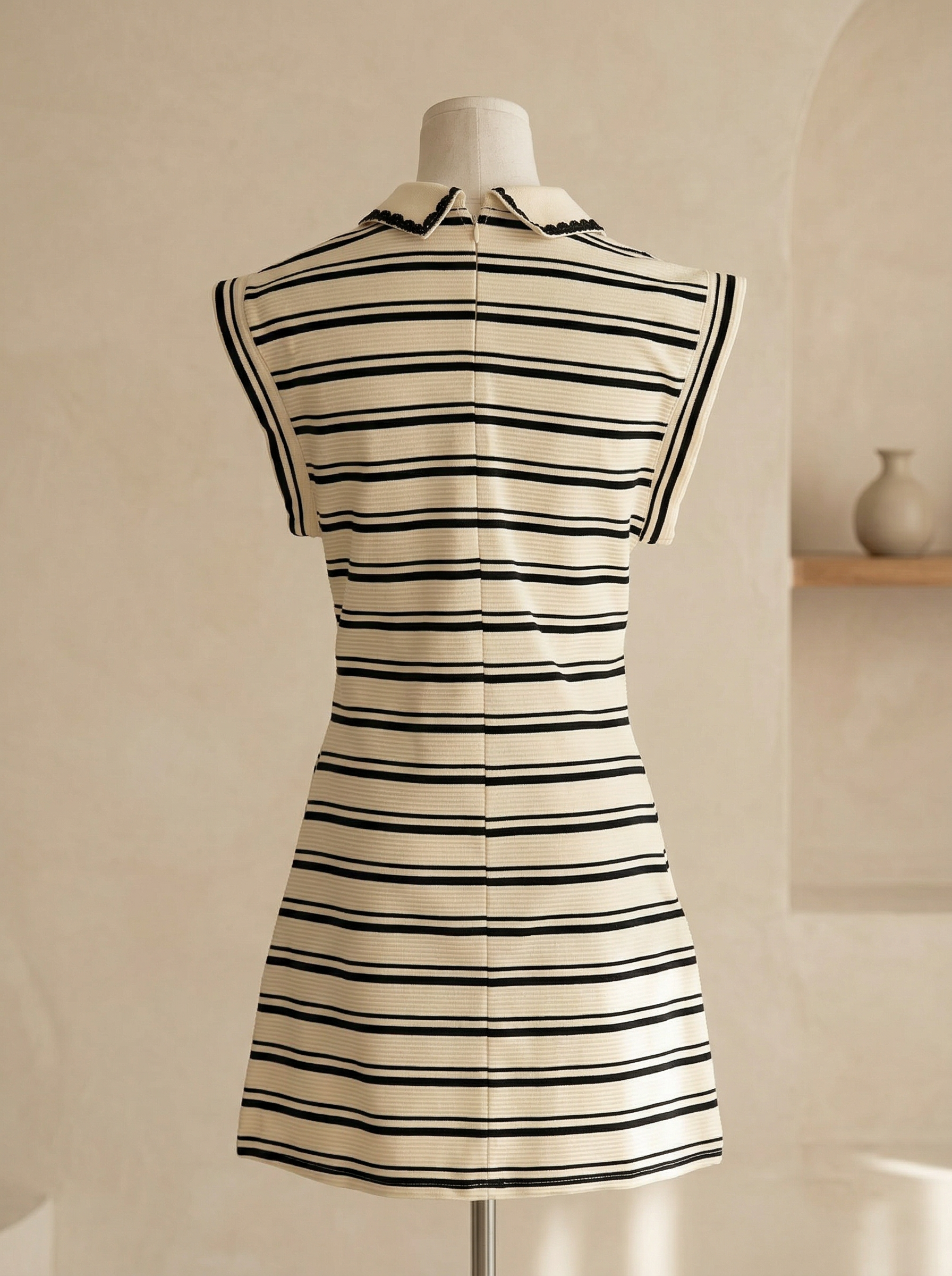 韩系翻领拼接蕾丝条纹连身裙 (ST21620)