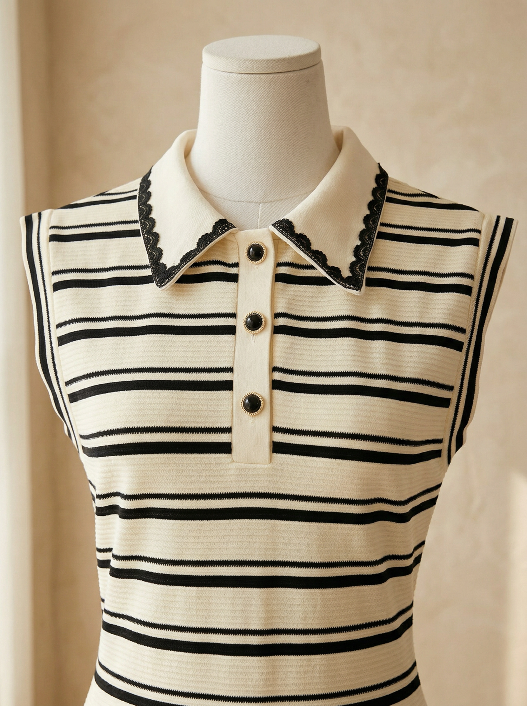 韩系翻领拼接蕾丝条纹连身裙 (ST21620)