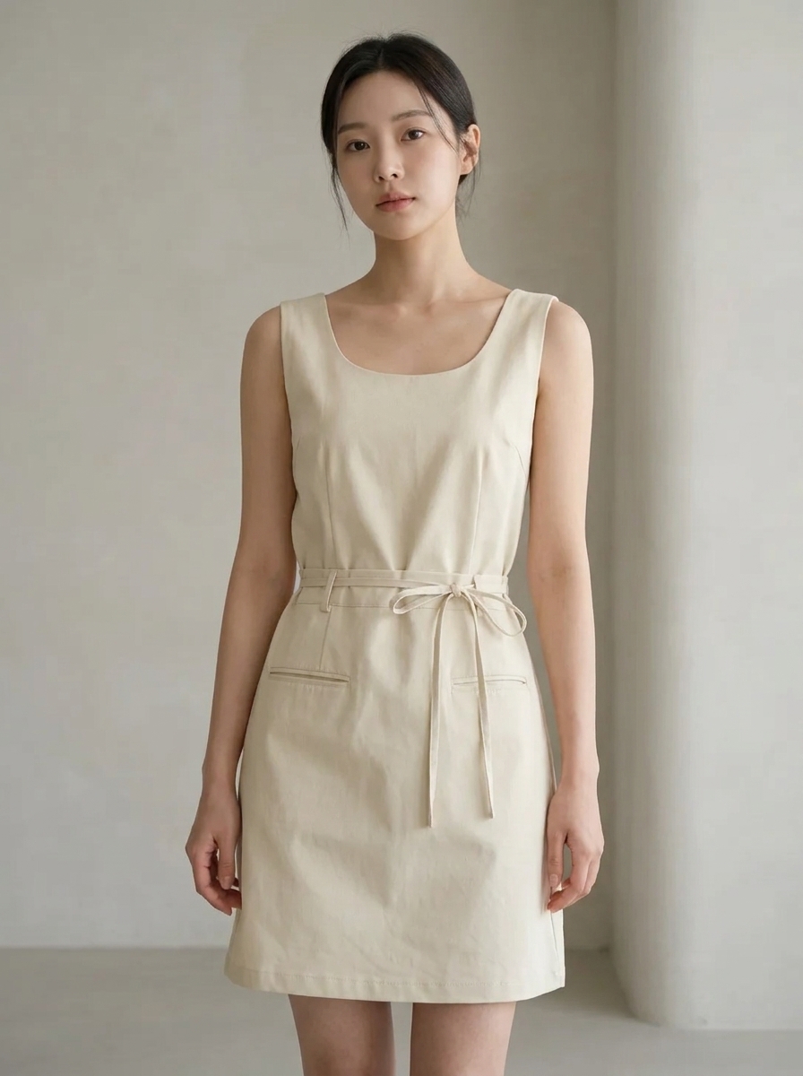 简约大气圆领系带设计连身裙 (ST21610)