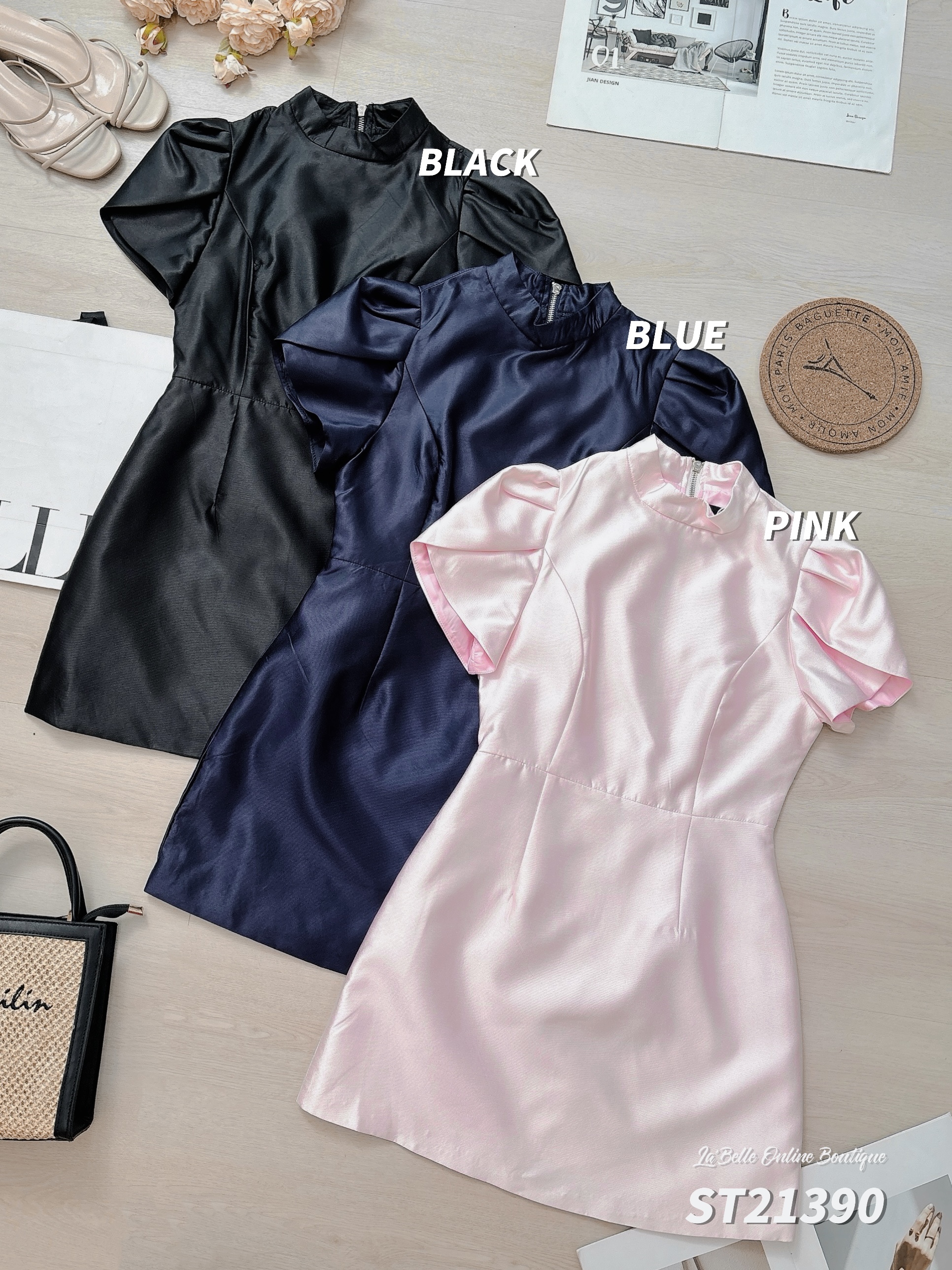 名媛风收腰显瘦立领连身裙 (ST21390)