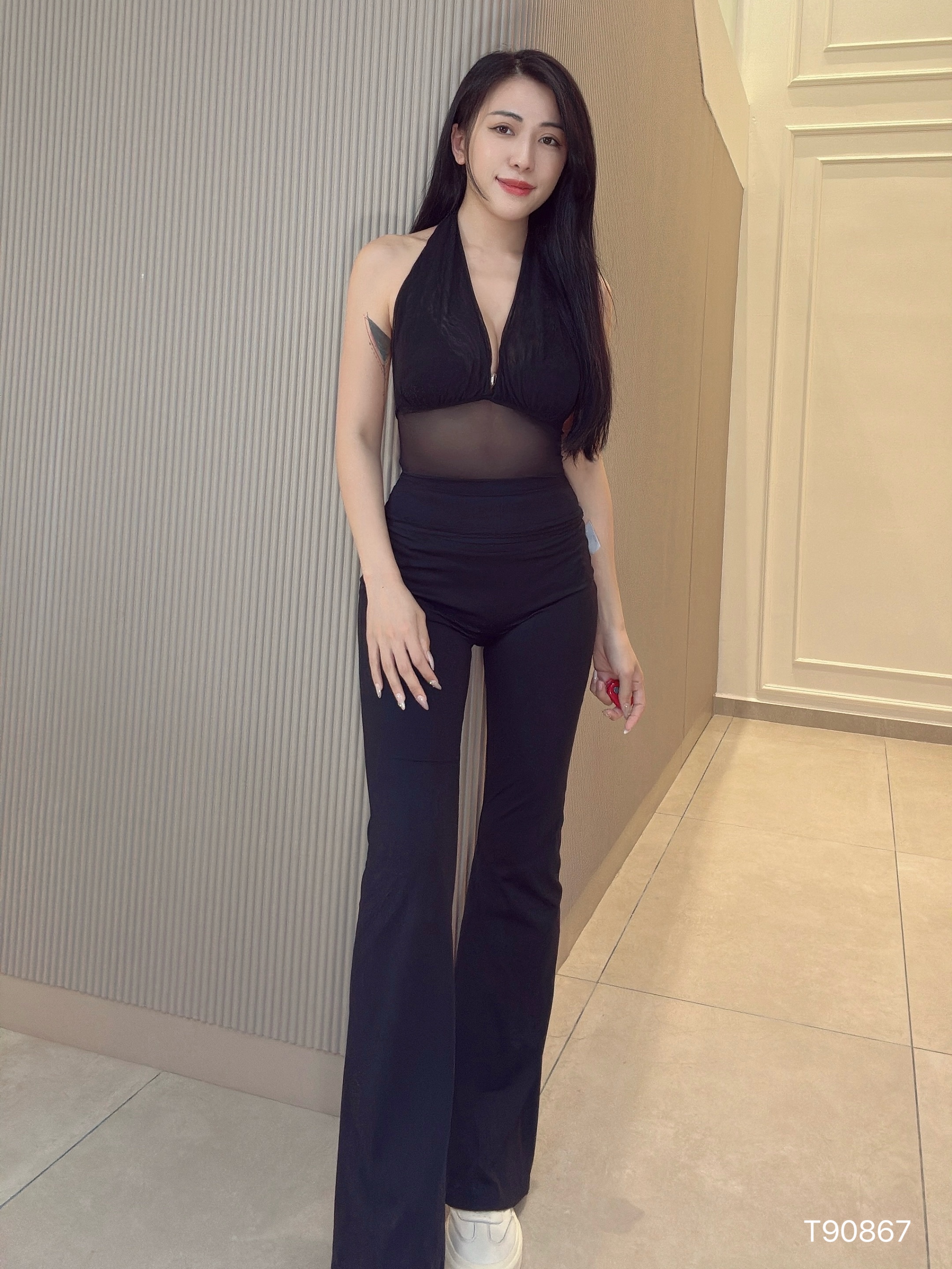 性感网纱挂脖系带美背上衣 (T90867)