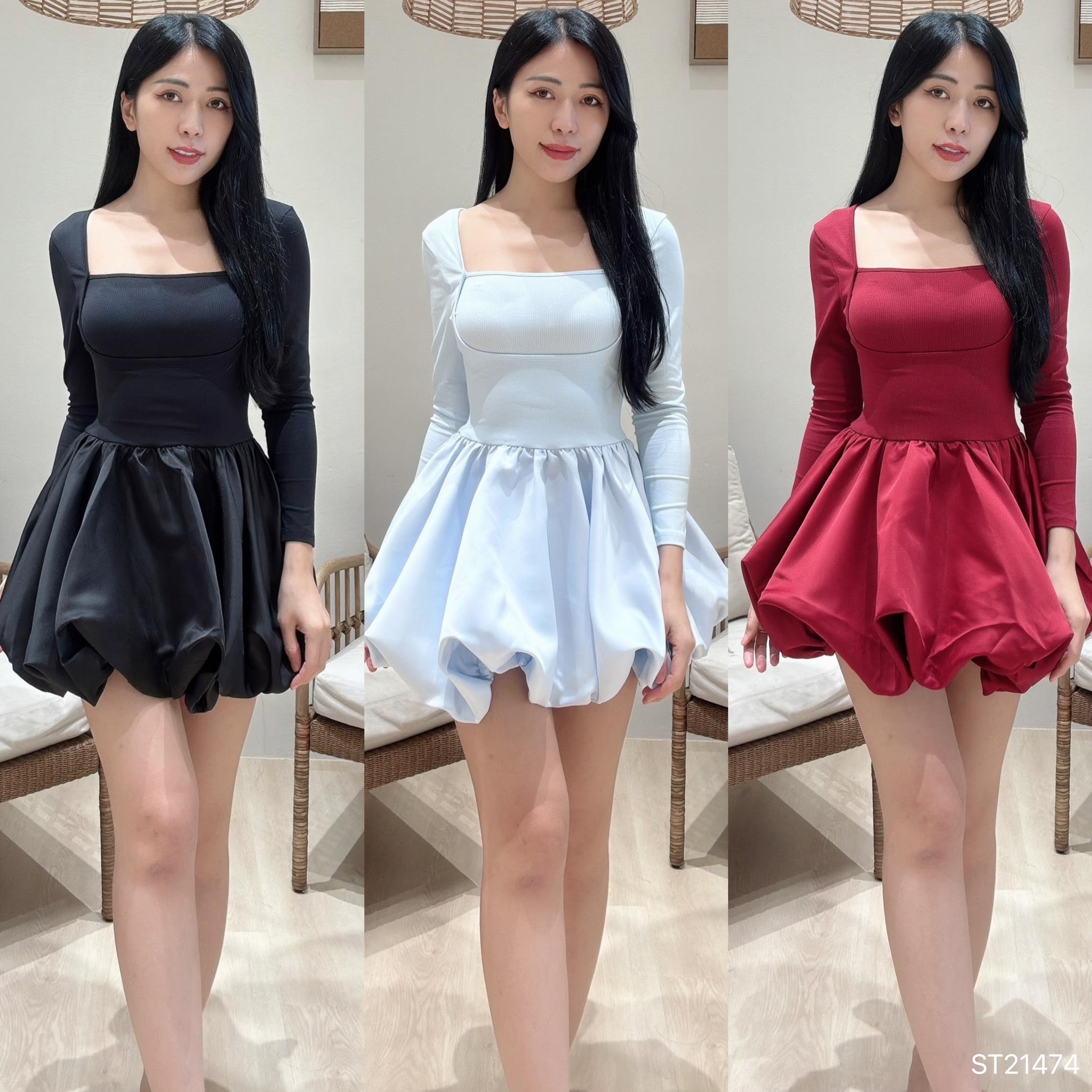 【LBP独家】绝美芭蕾风方领长袖连身裙 (ST21474)