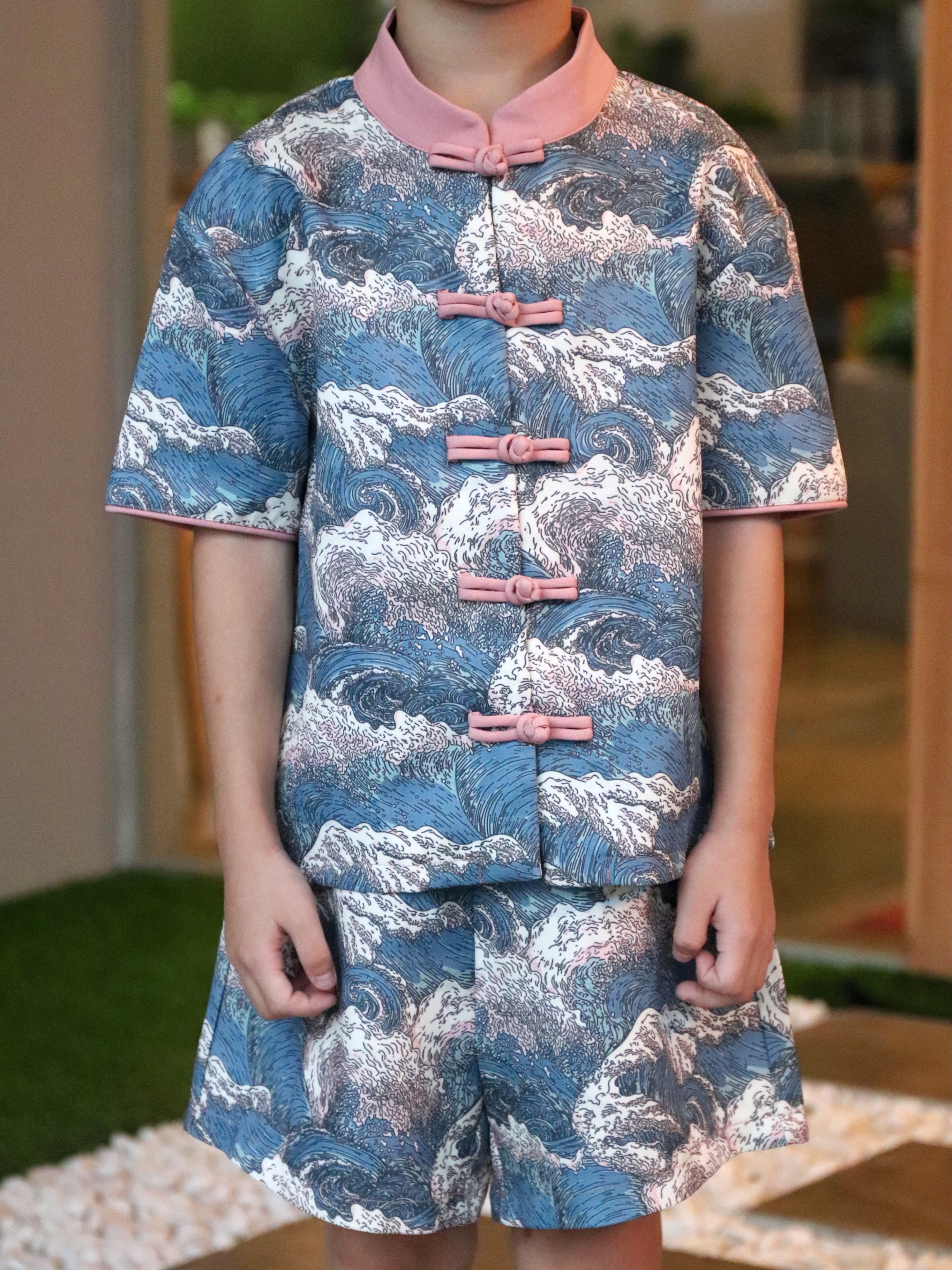 【LBP亲子系列 】可爱海浪纹设计改良版唐装两件套【儿子版】（F70116）