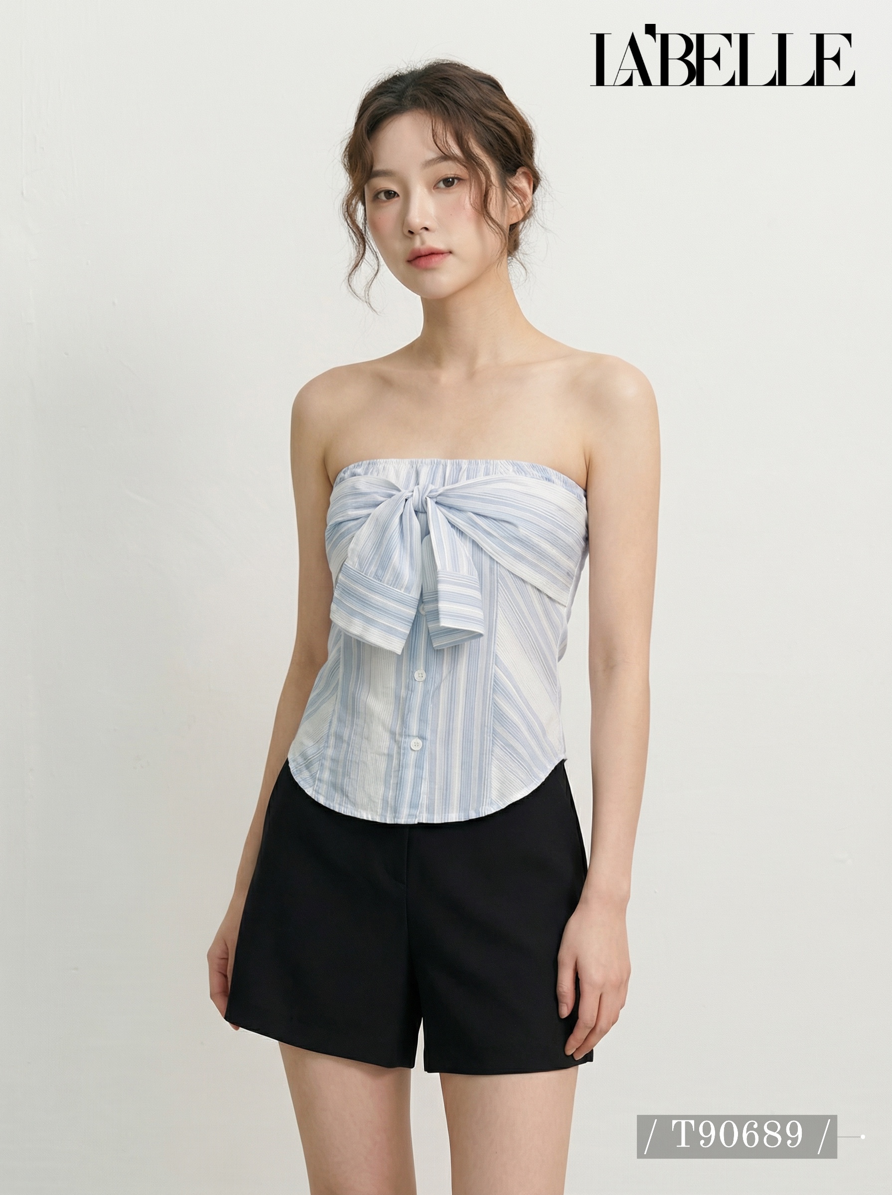 法式条纹交叉设计抹胸上衣 (T90689)