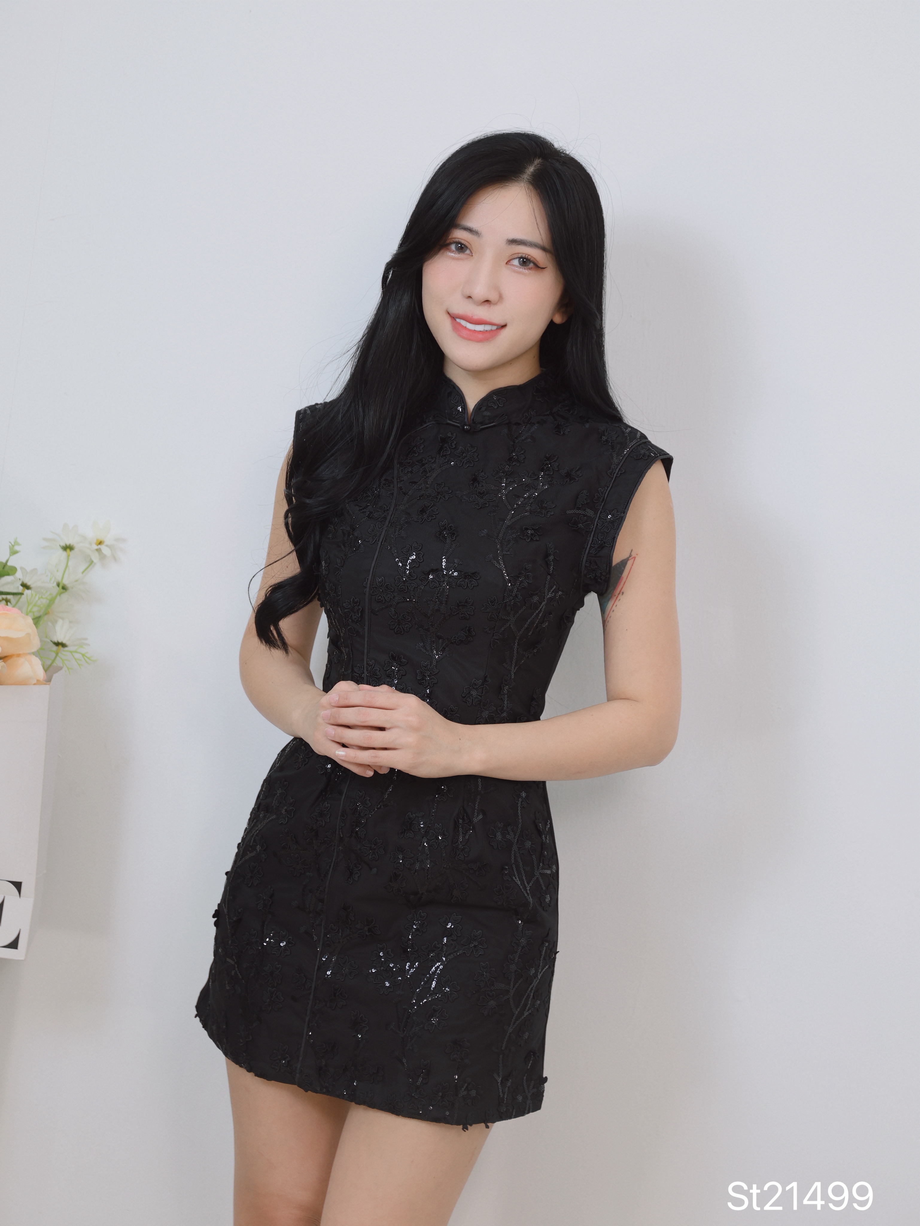 新中式立体花朵刺绣设计修身旗袍 (ST21499)