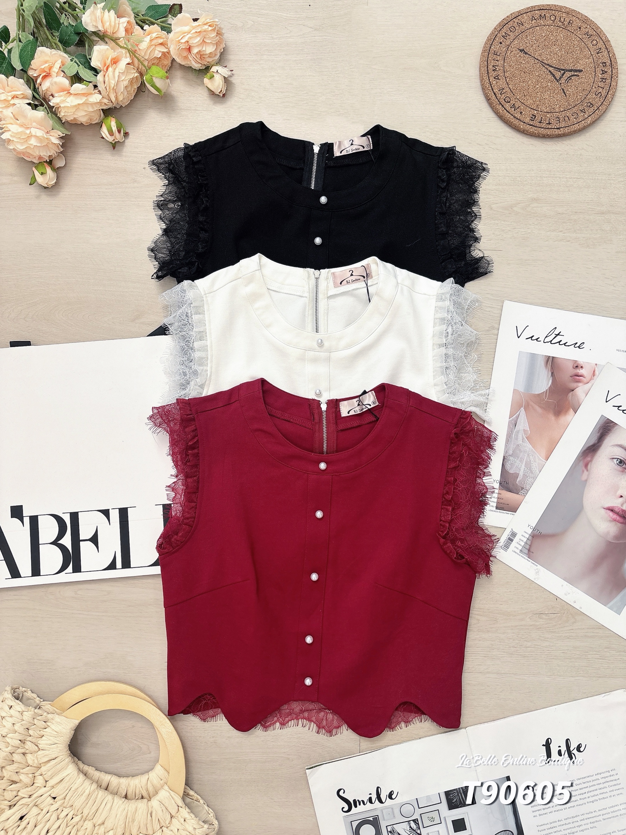 不规则下摆蕾丝拼接设计无袖上衣 (T90605)