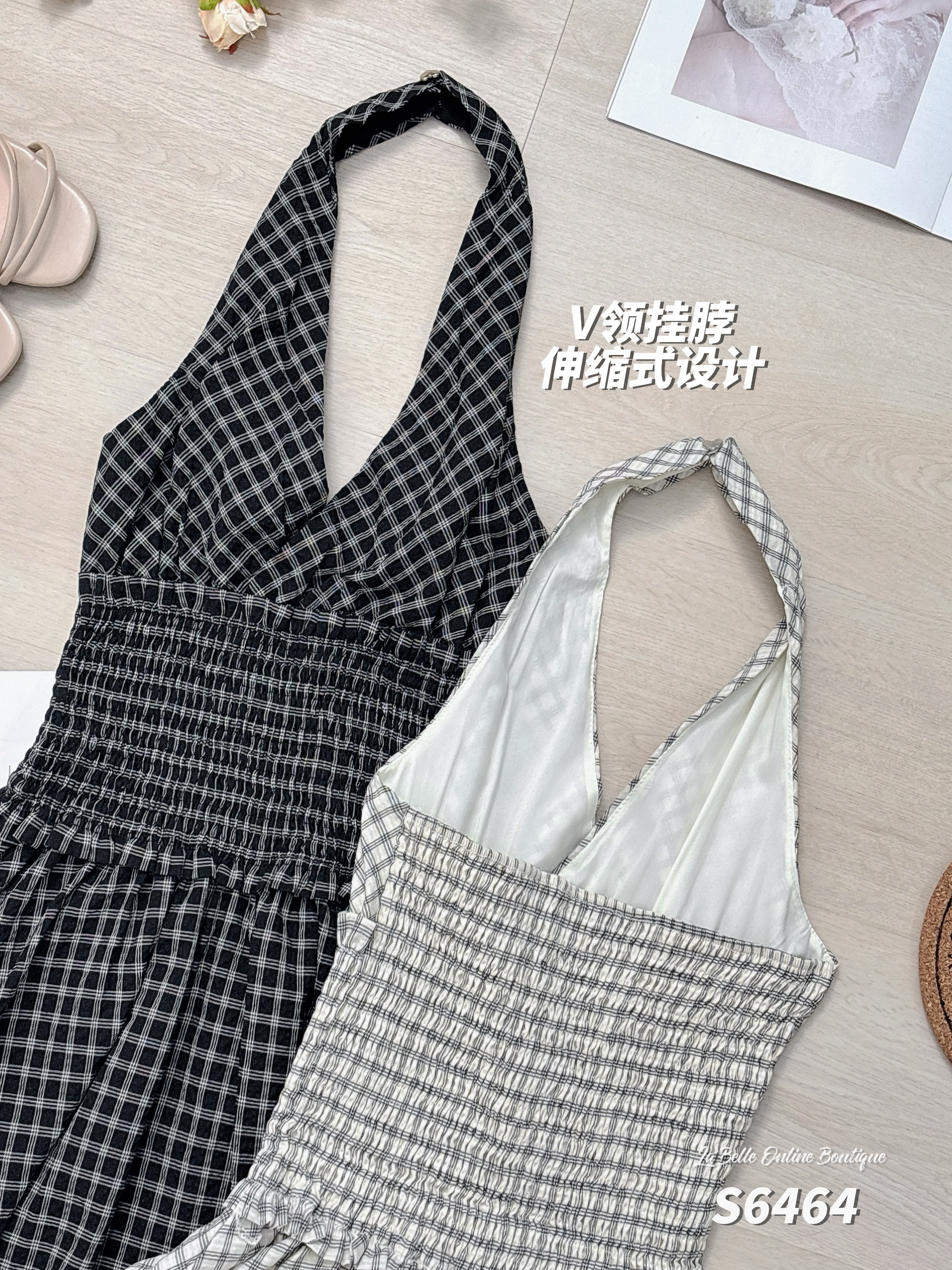 法式格子花苞挂脖V领连身裙 (S6464)