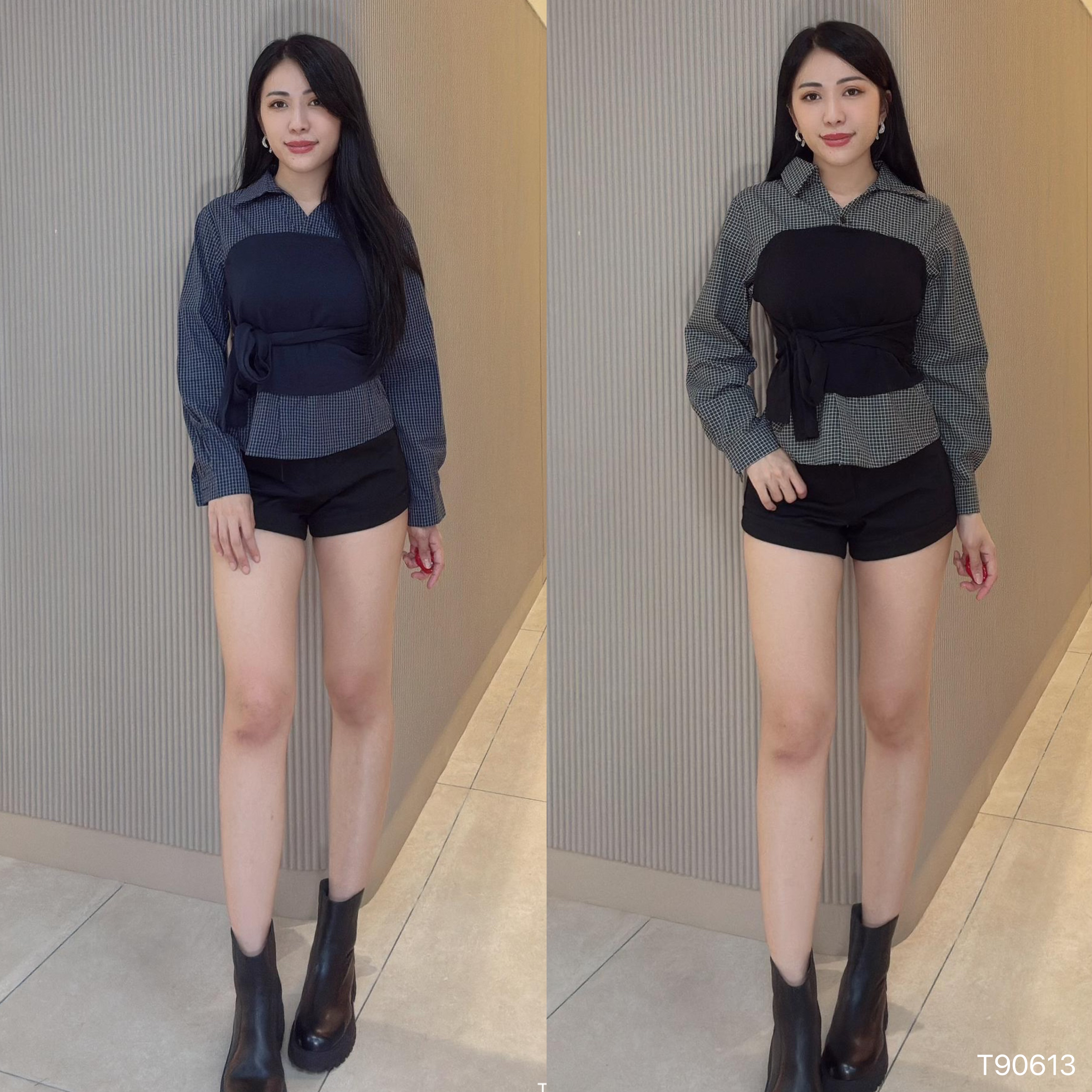 时尚拼接设计修身翻领长袖上衣 (T90613)