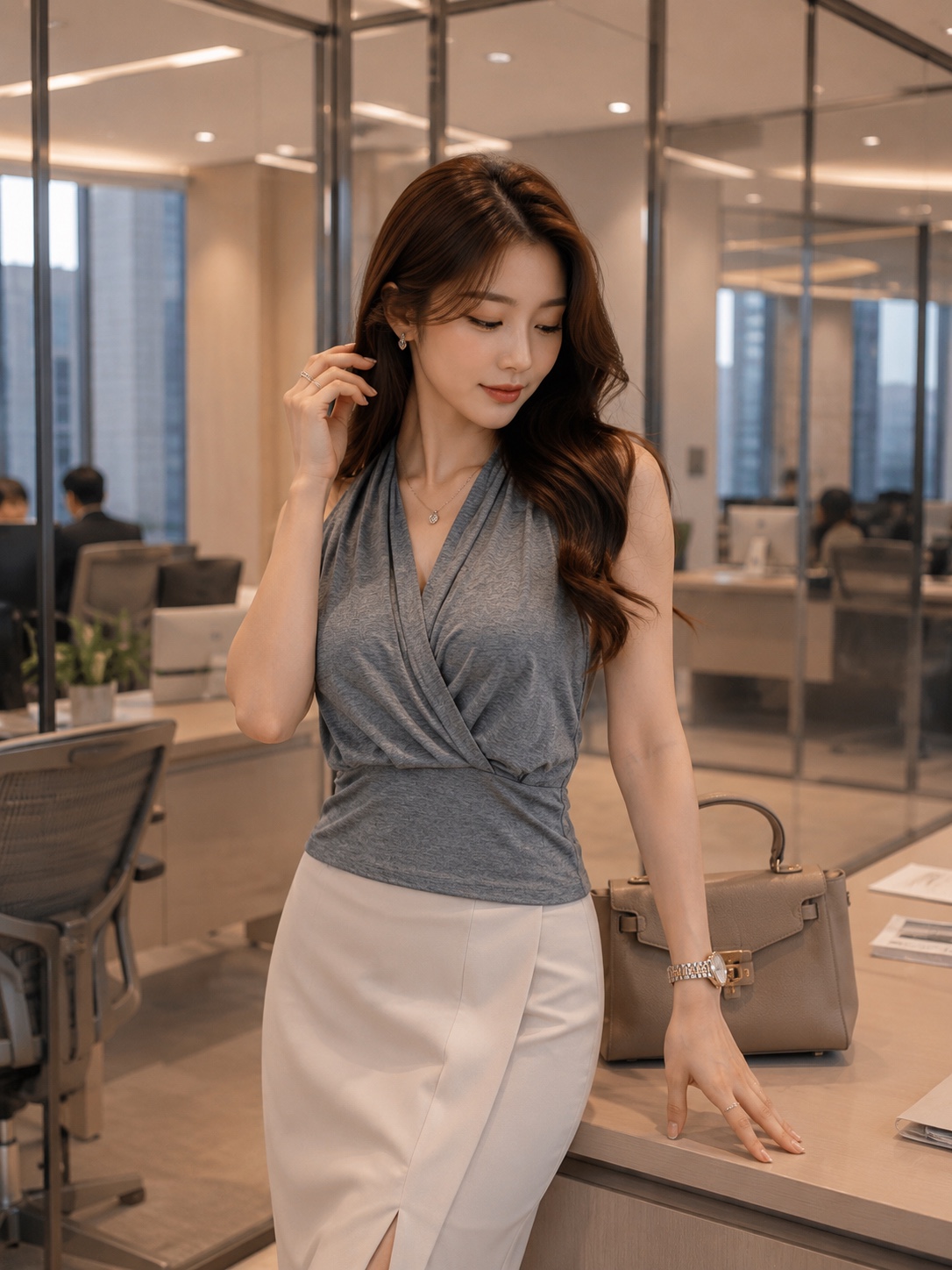 辣妹风V领露背设计挂脖上衣 (T90768)