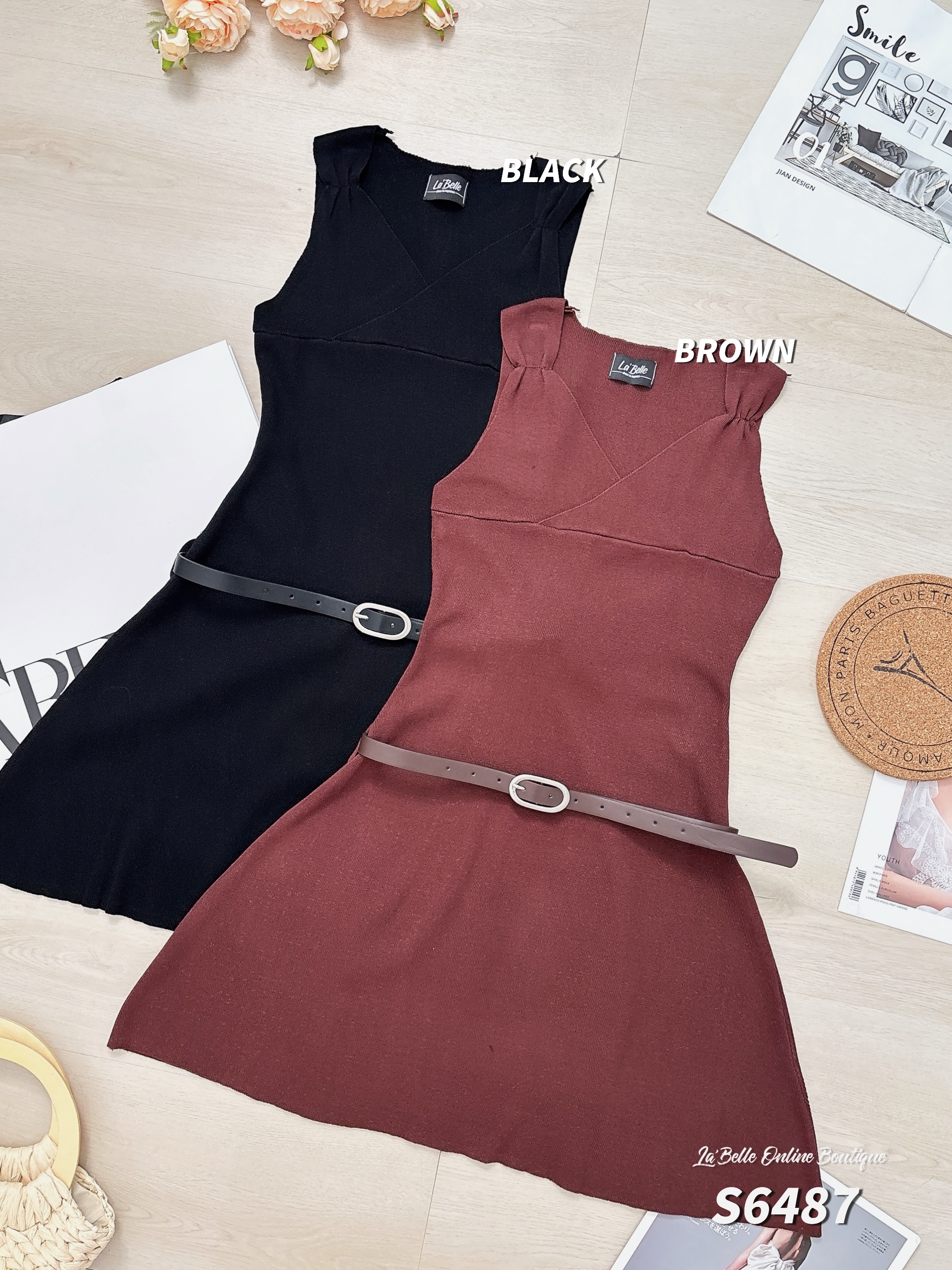 简约V领A字无袖连身裙 (S6487)