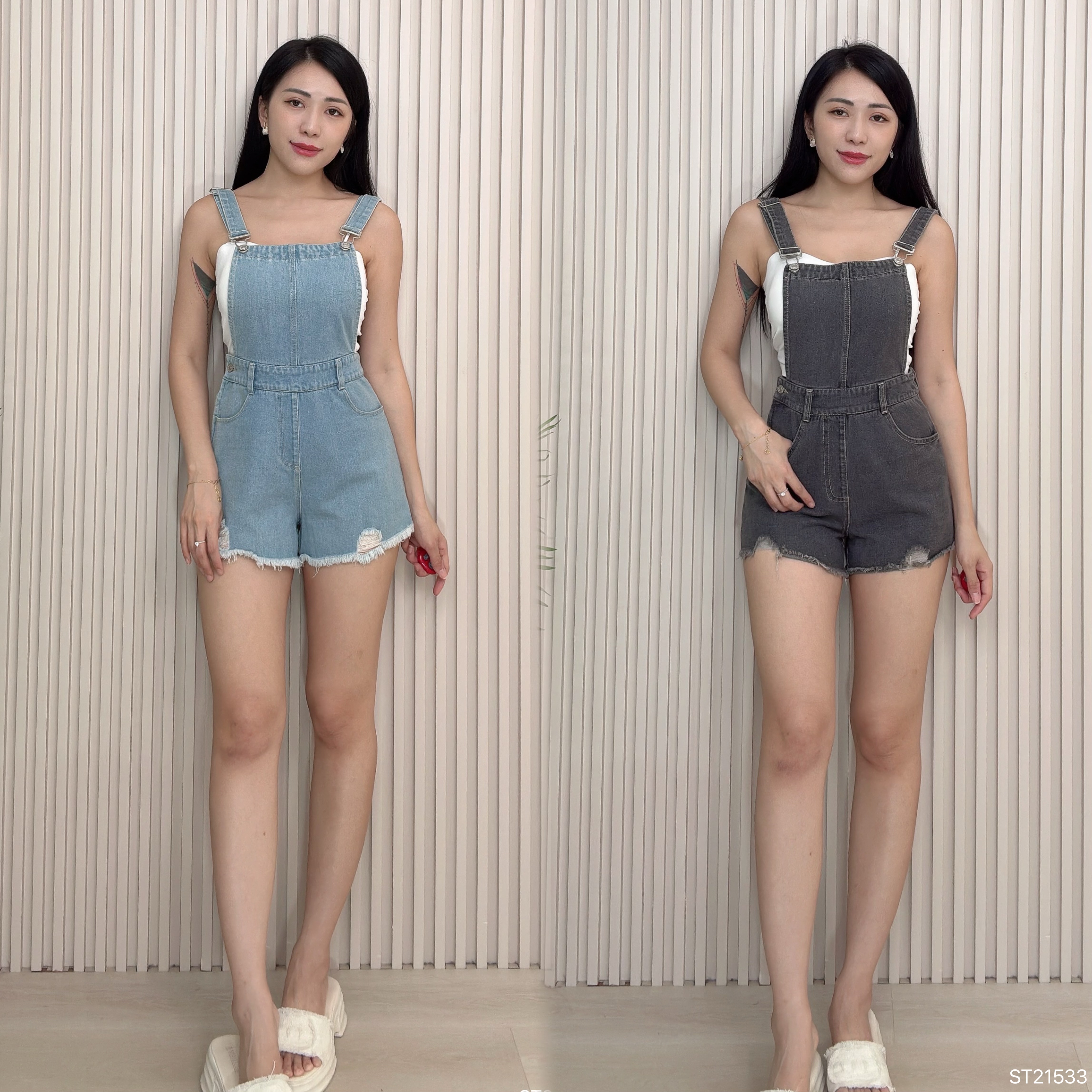 减龄破洞阔腿设计背带连体裤 (ST21533)