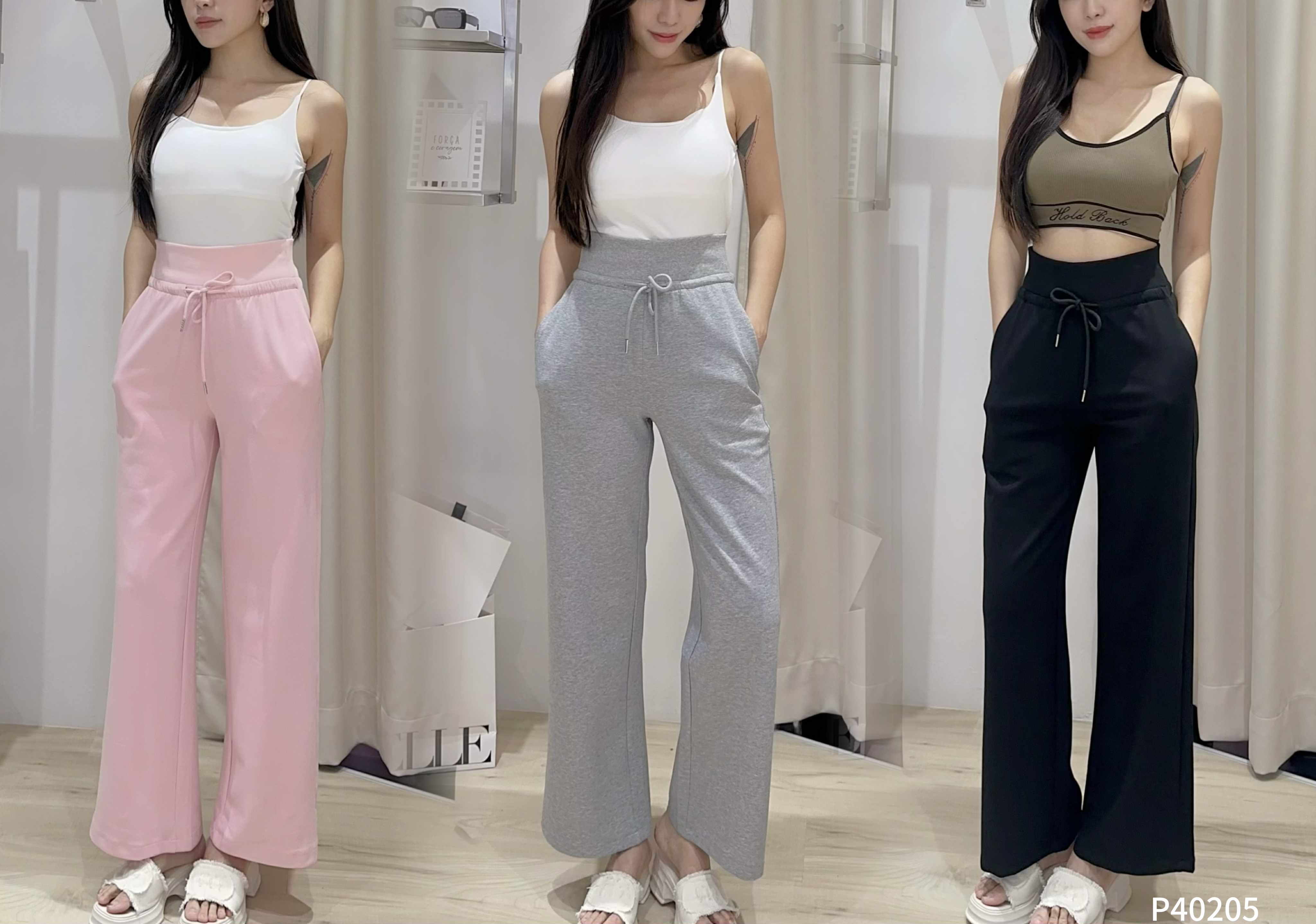 休闲抽绳设计直筒阔腿长裤 (P40205)