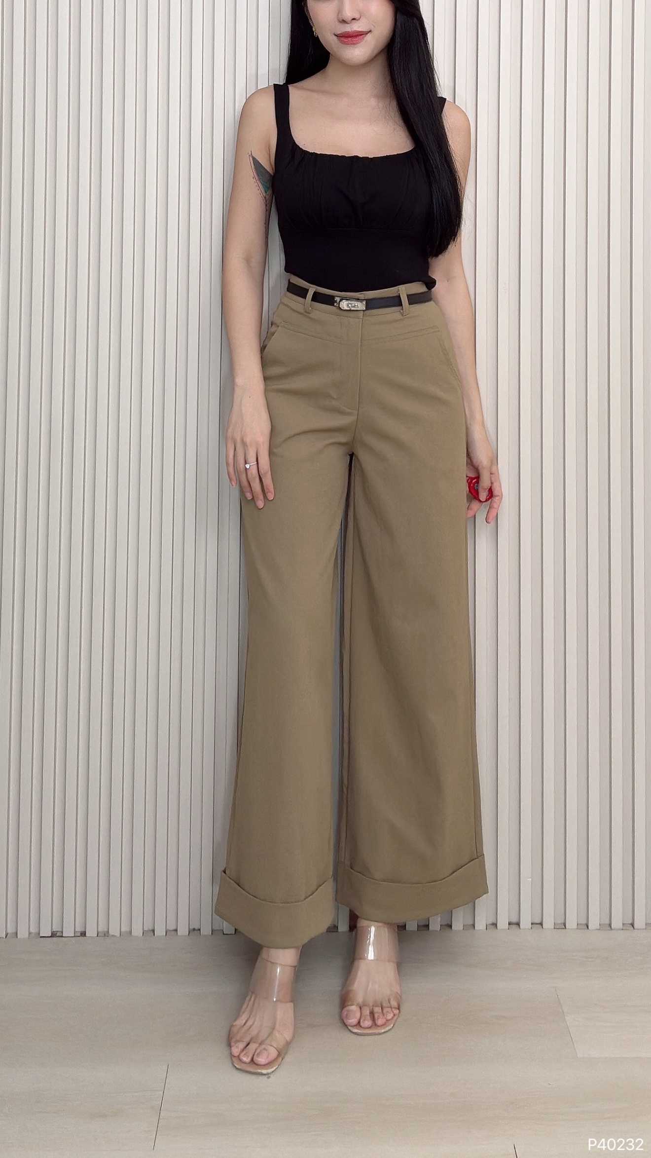 韩系卷边直筒设计高腰长裤 （P40232）