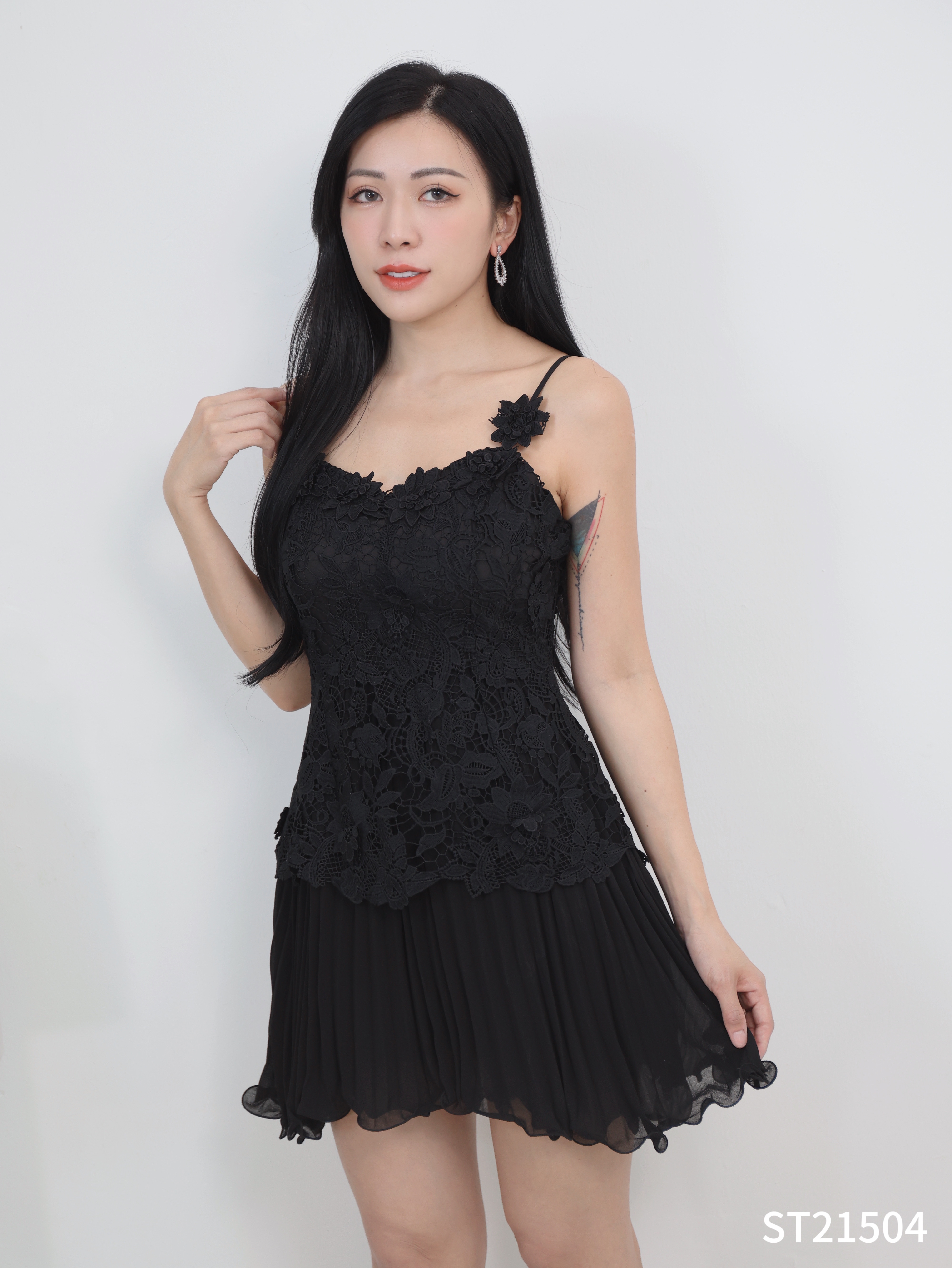 法式花朵蕾丝设计吊带连身裙 (ST21504)