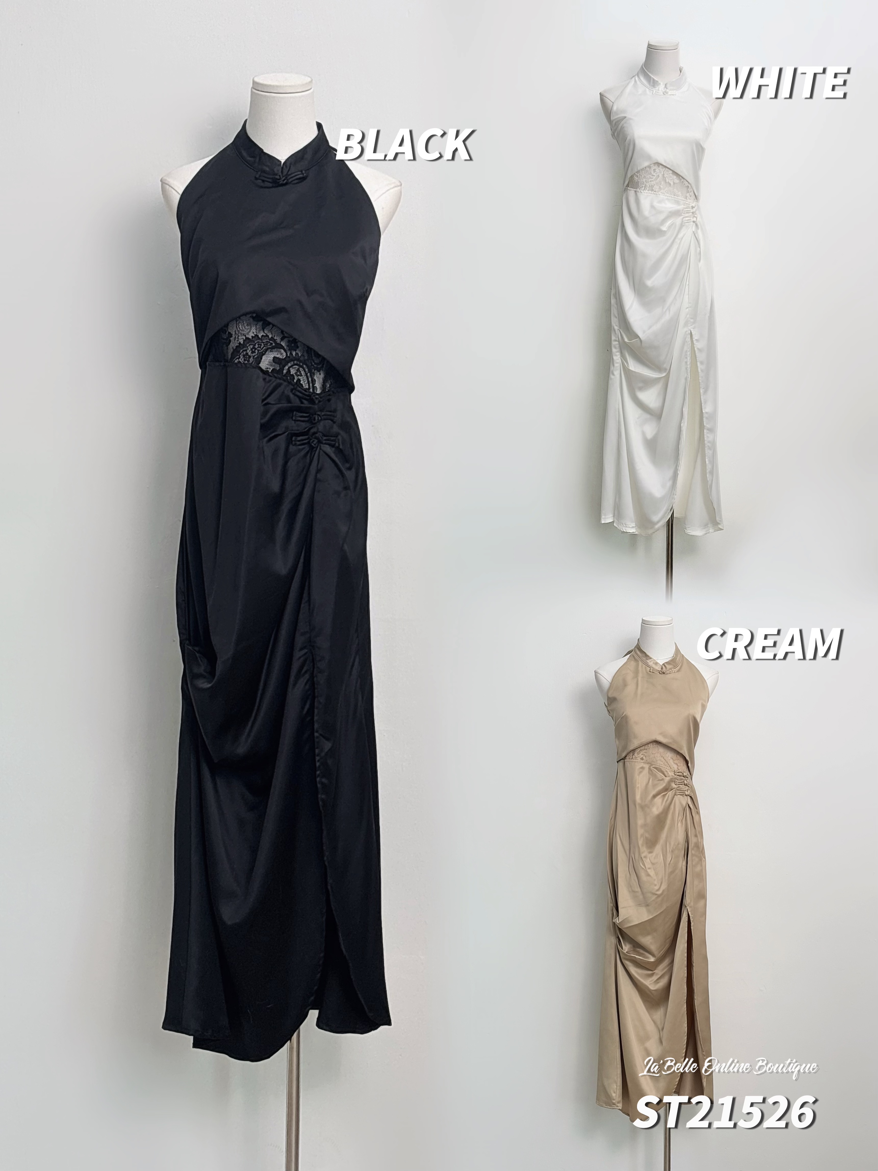 高级感压褶露腰削肩设计长版旗袍 (ST21526)