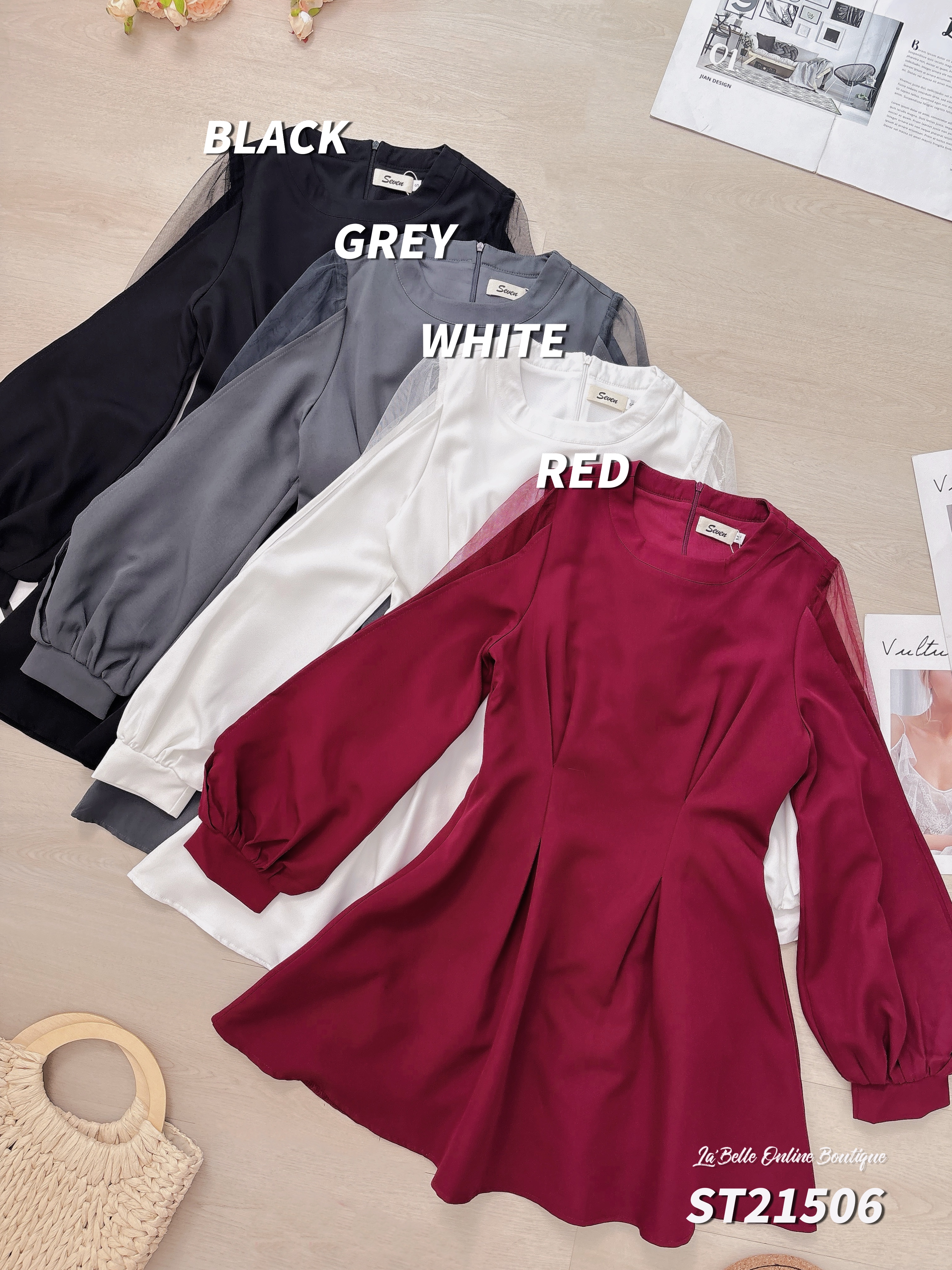 高级感压褶微透设计长袖连身裙 (ST21506)