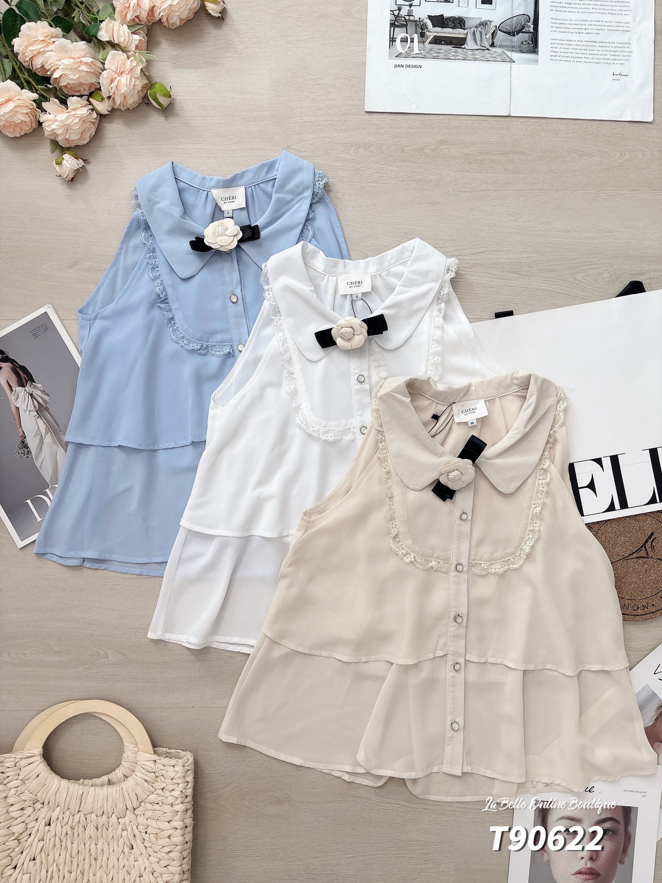 韩系双层蕾丝边设计无袖上衣 (T90622)