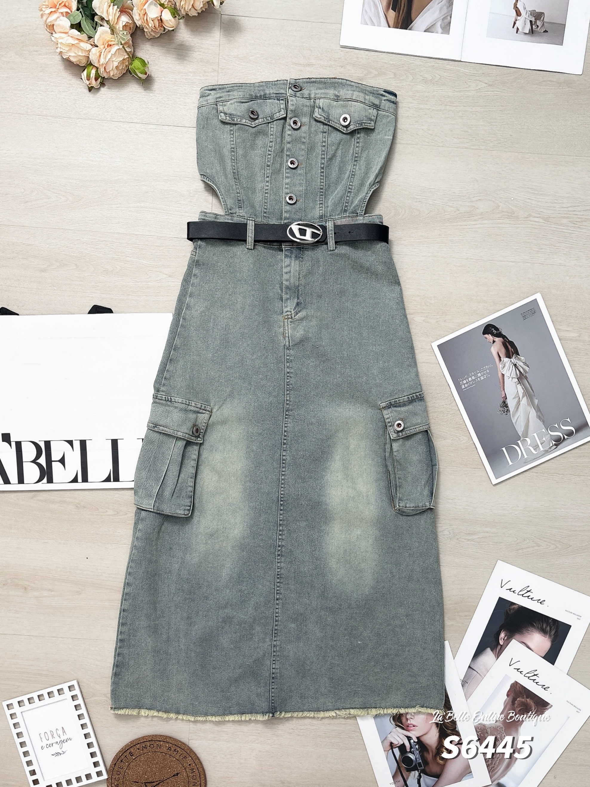 酷帅抹胸镂空设计牛仔连身裙 (S6445)