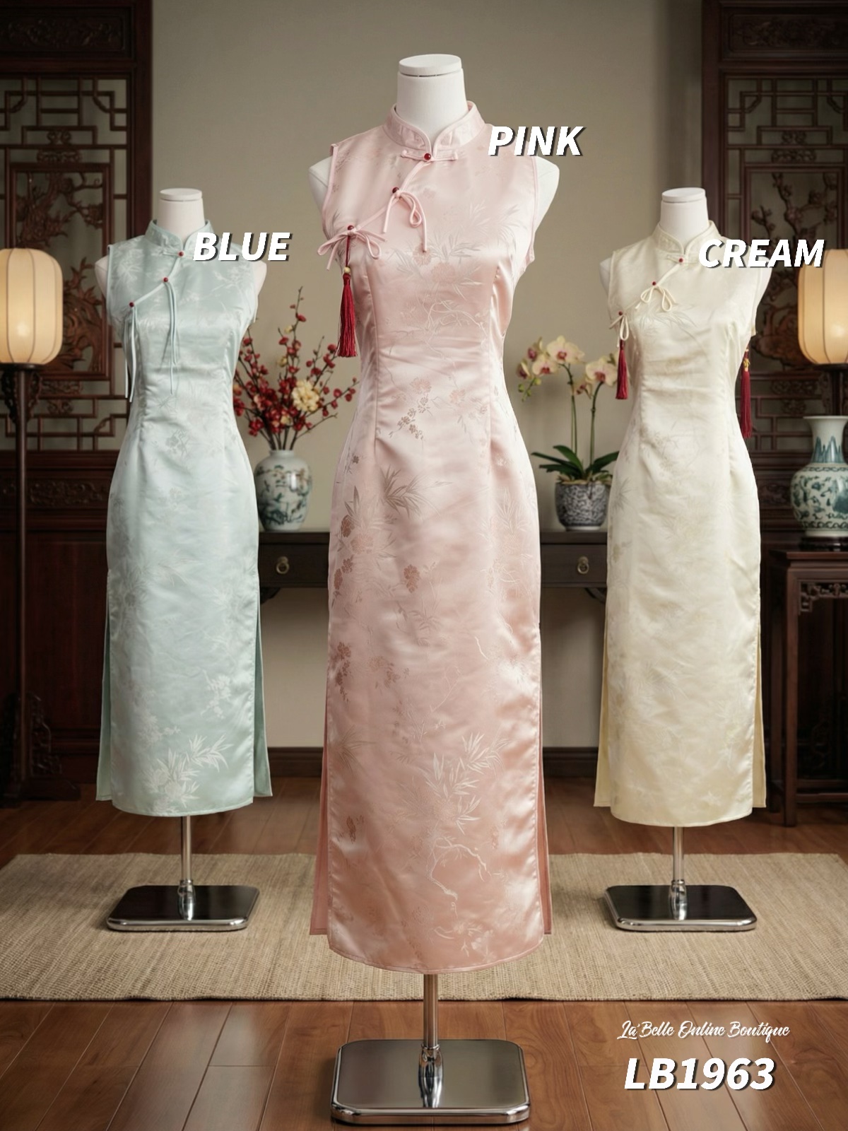 新中式侧边开叉设计无袖长版旗袍 (LB1963)