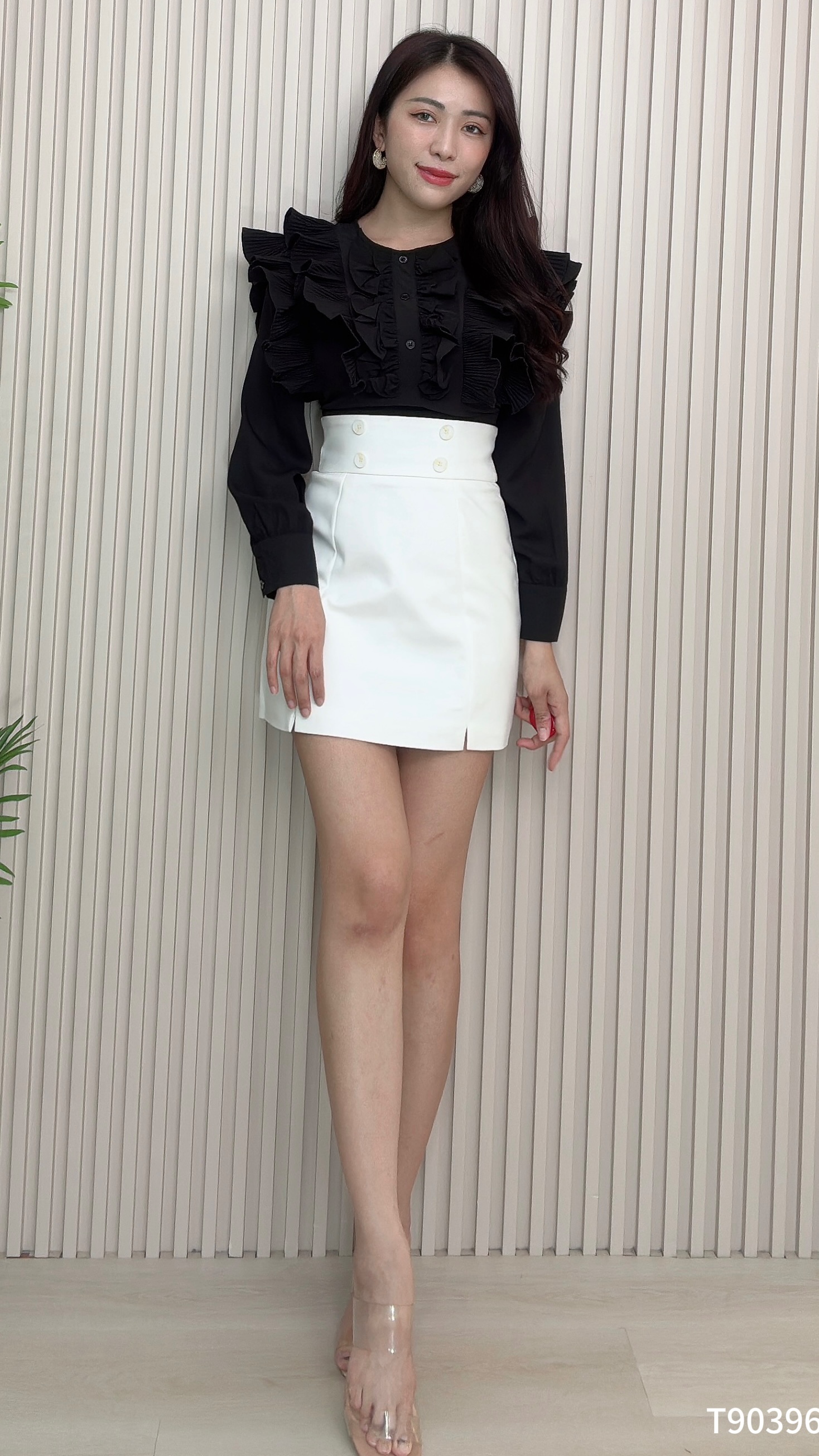 改良版法式荷叶边长袖上衣 (T90396)