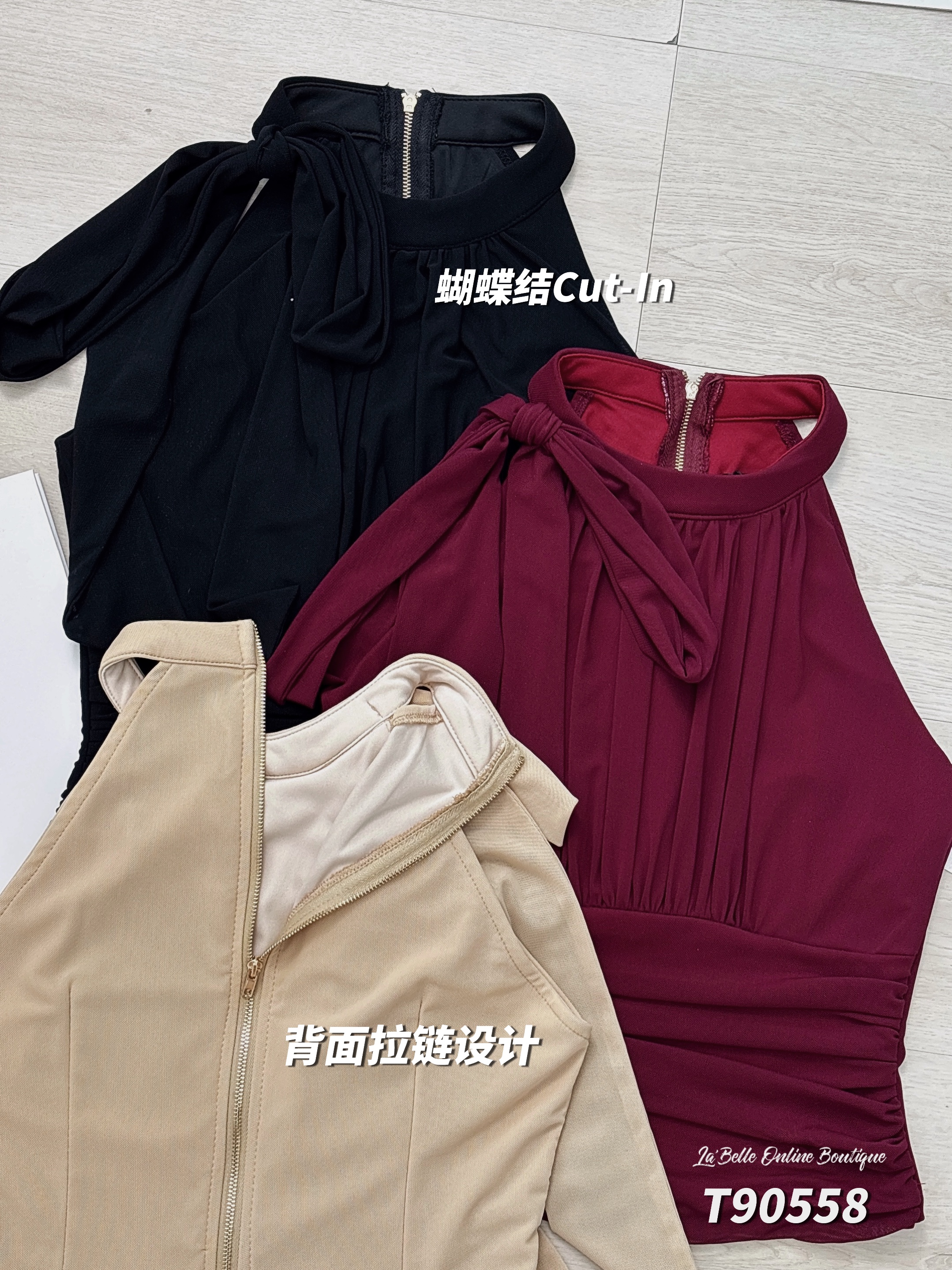 时尚Cut-In蝴蝶结褶皱设计上衣 (T90558)