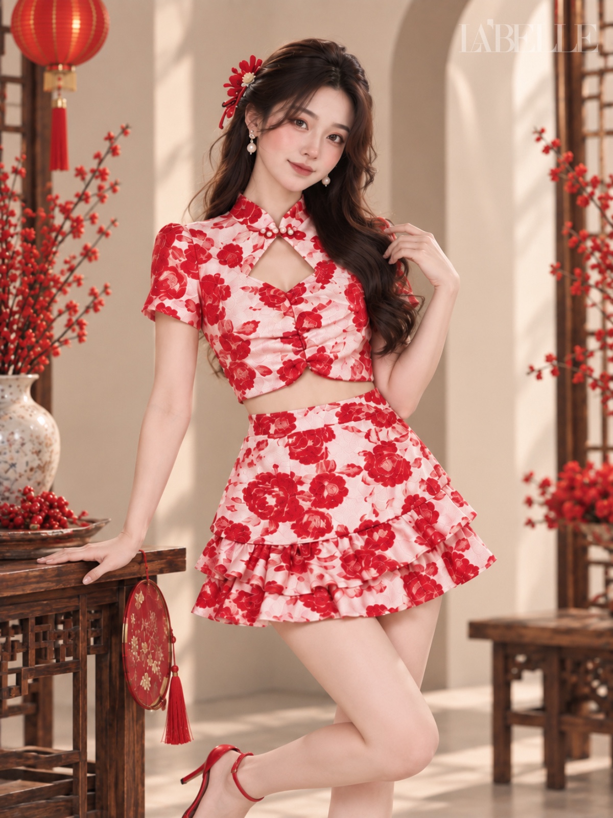 新中式复古花卉旗袍两件套 (ST21731)