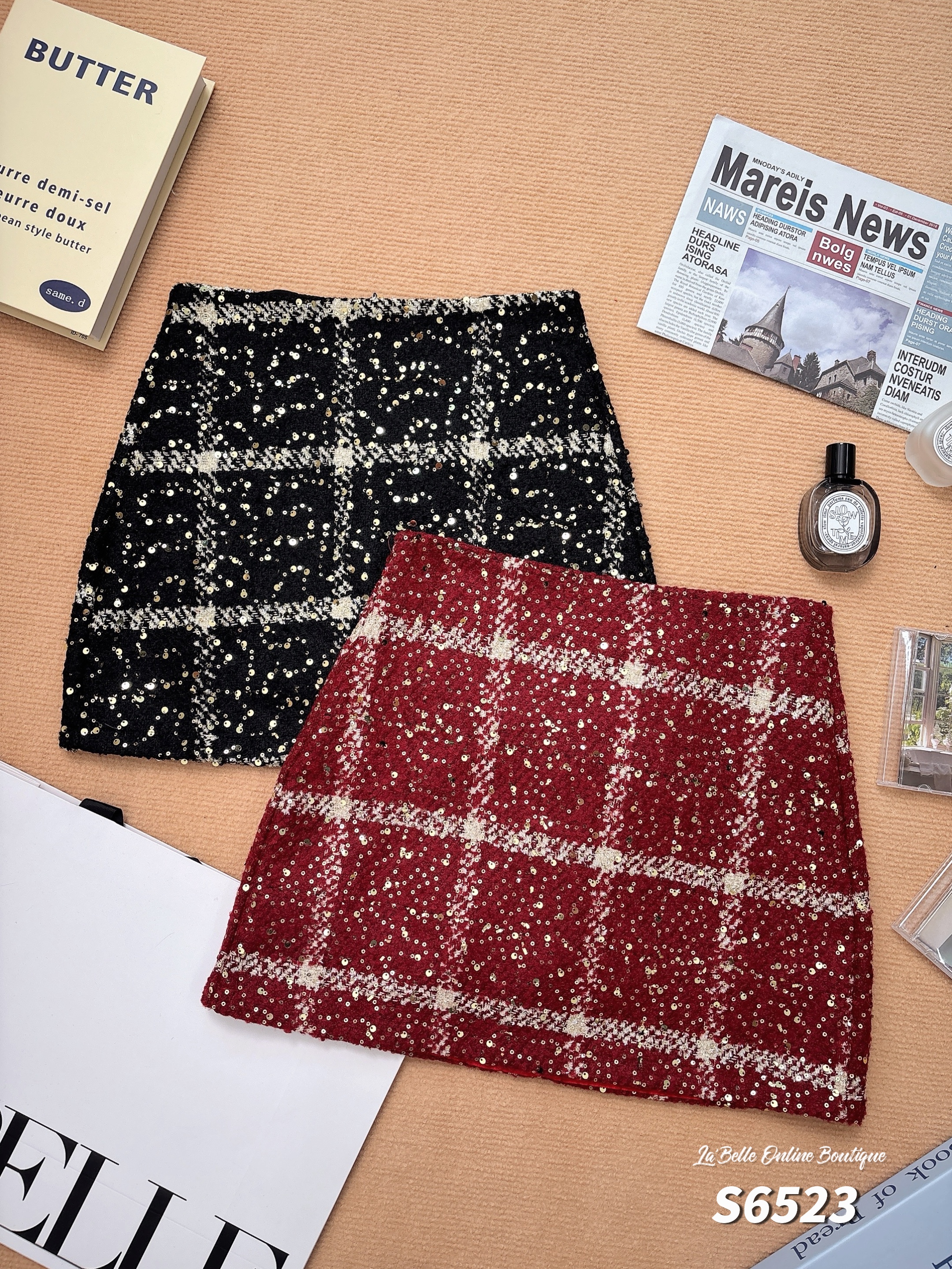 小香风亮片格子高腰短裙 (S6523)