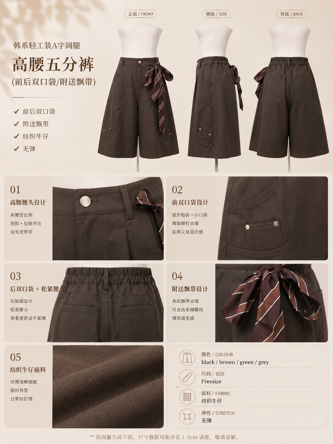 韩系轻工装A字阔腿高腰七分裤 (P40260)