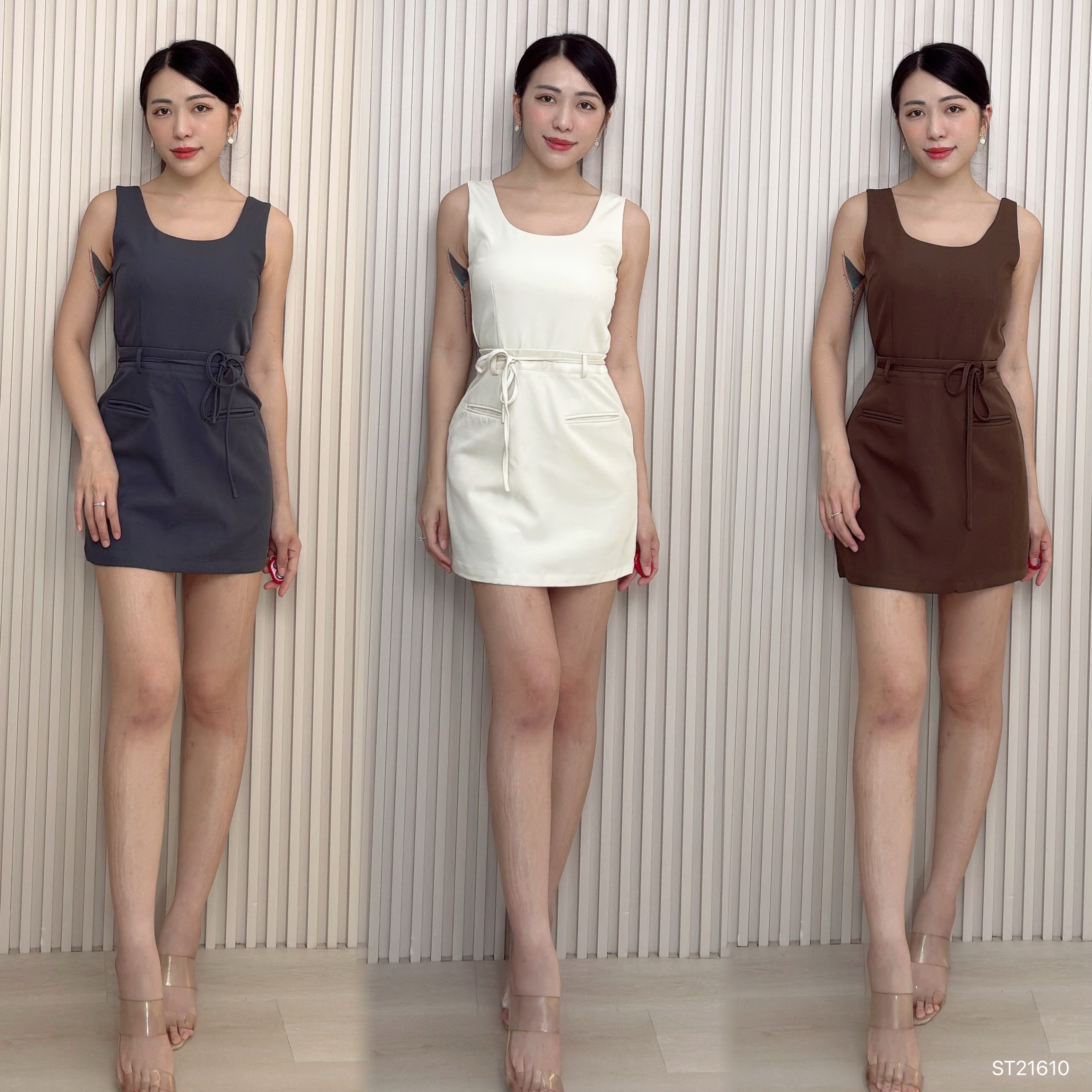 简约大气圆领系带设计连身裙 (ST21610)