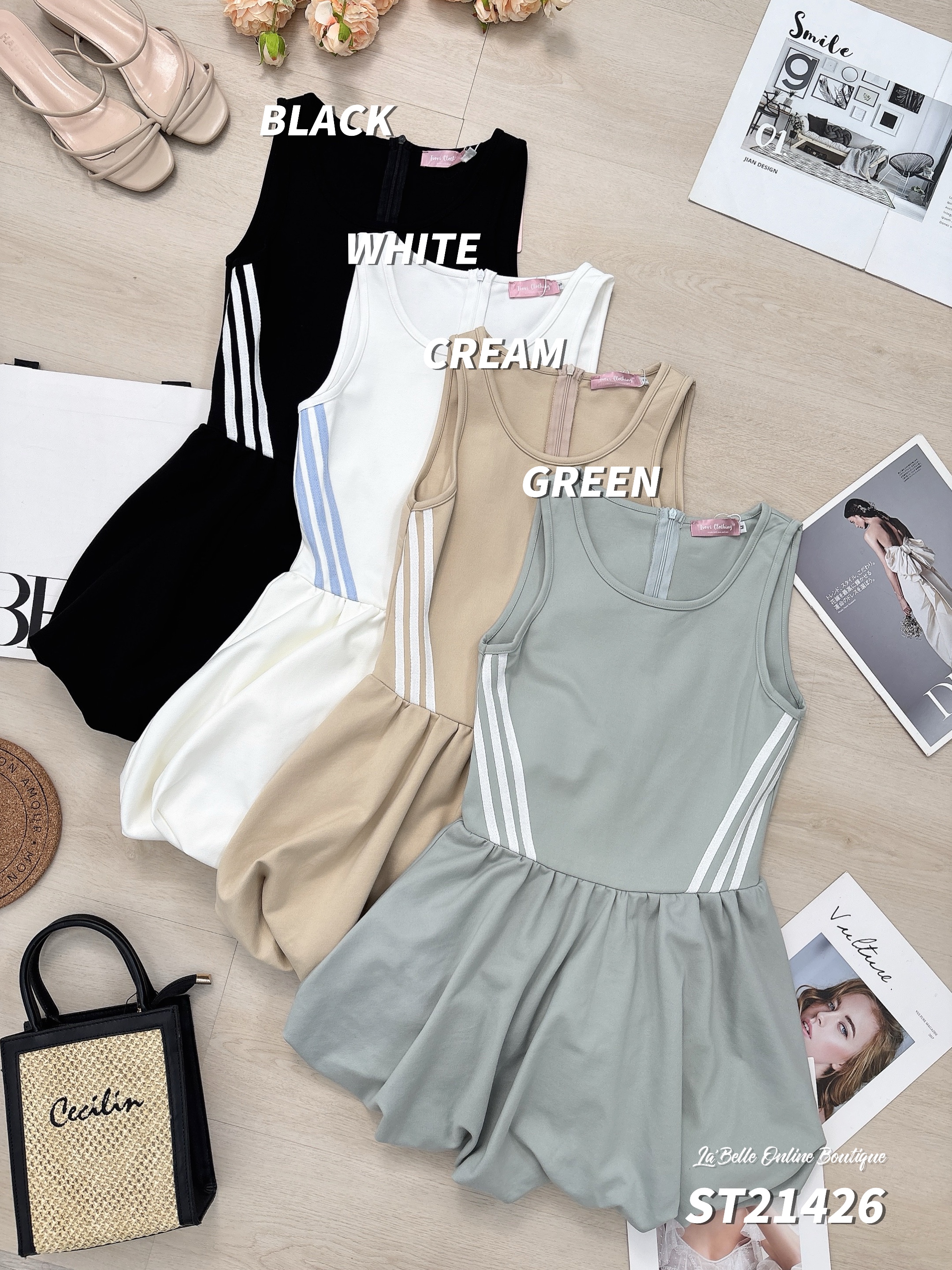 休闲运动风花苞摆条纹设计连身裤裙 (ST21426)