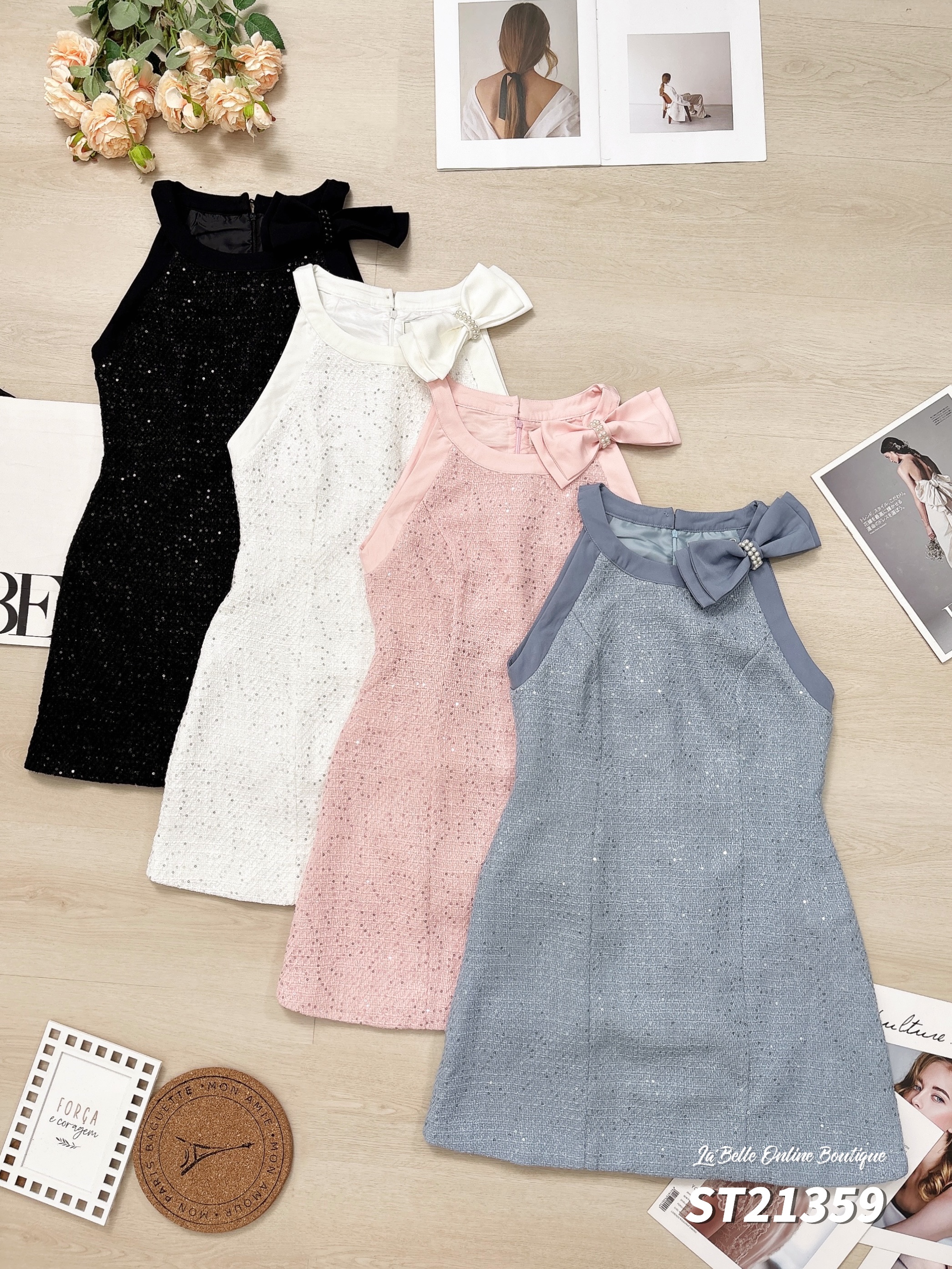 小香风Cut-in圆领蝴蝶结设计连身裙 (ST21359)