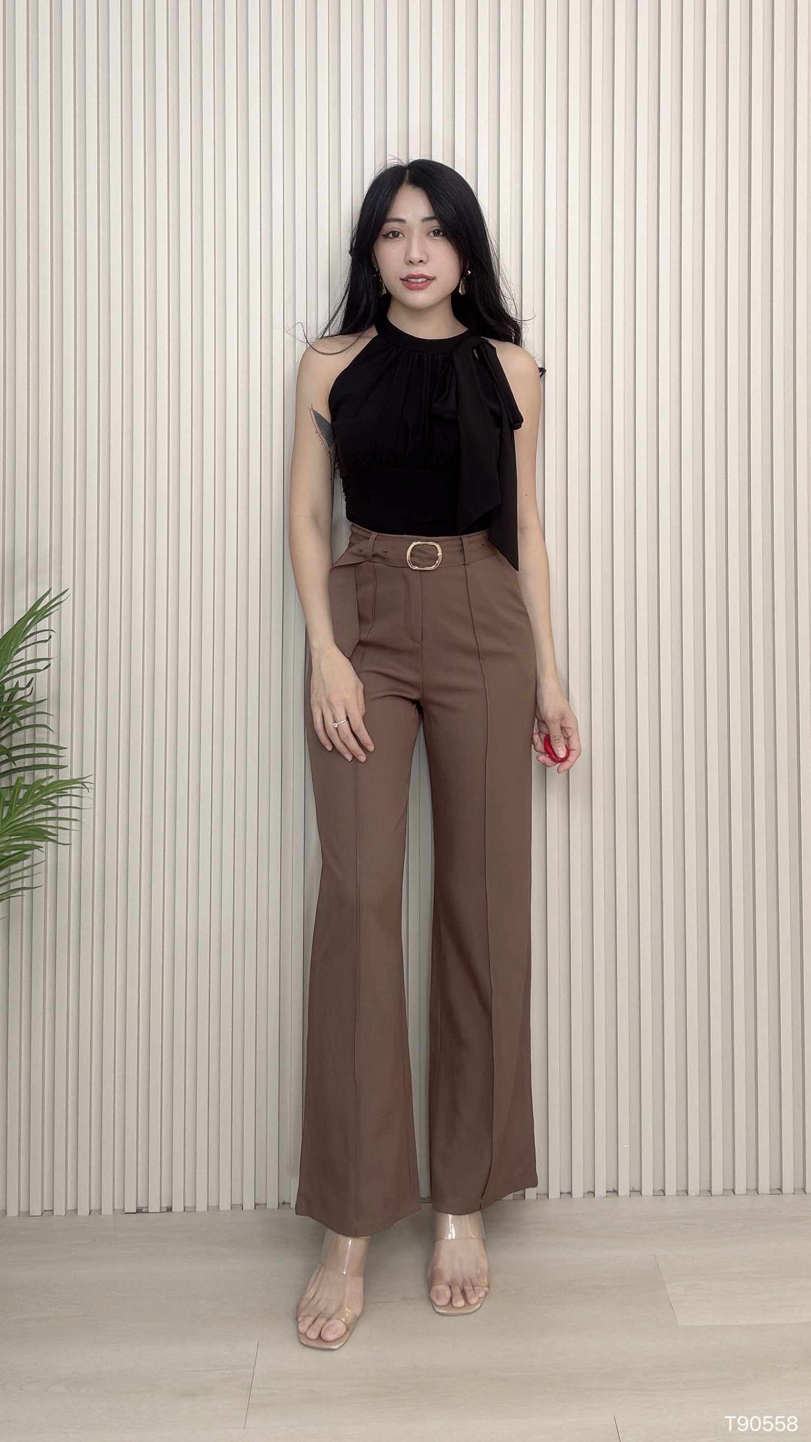 时尚Cut-In蝴蝶结褶皱设计上衣 (T90558)