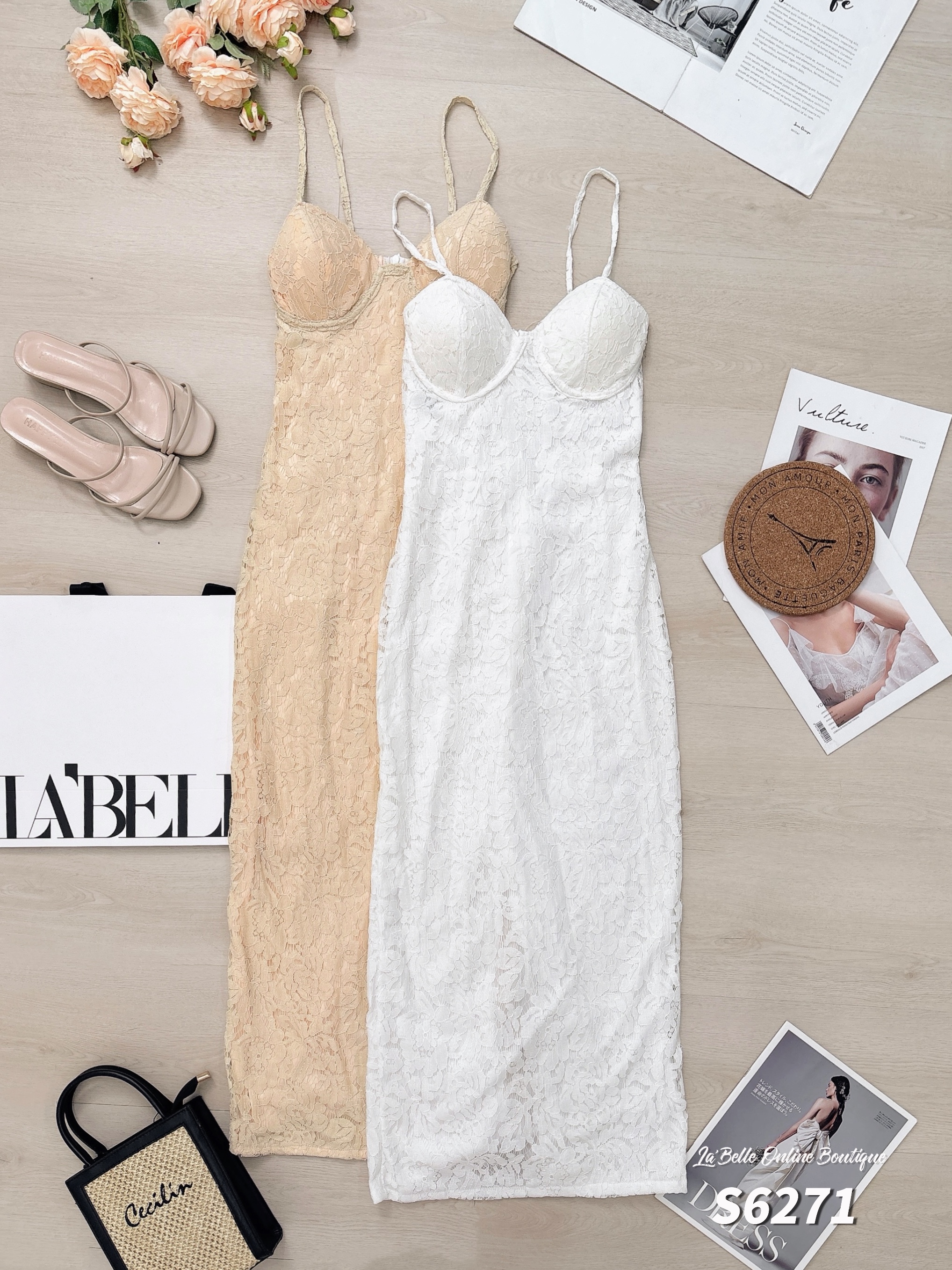 性感修身开叉设计过膝吊带连身裙 (S6271)