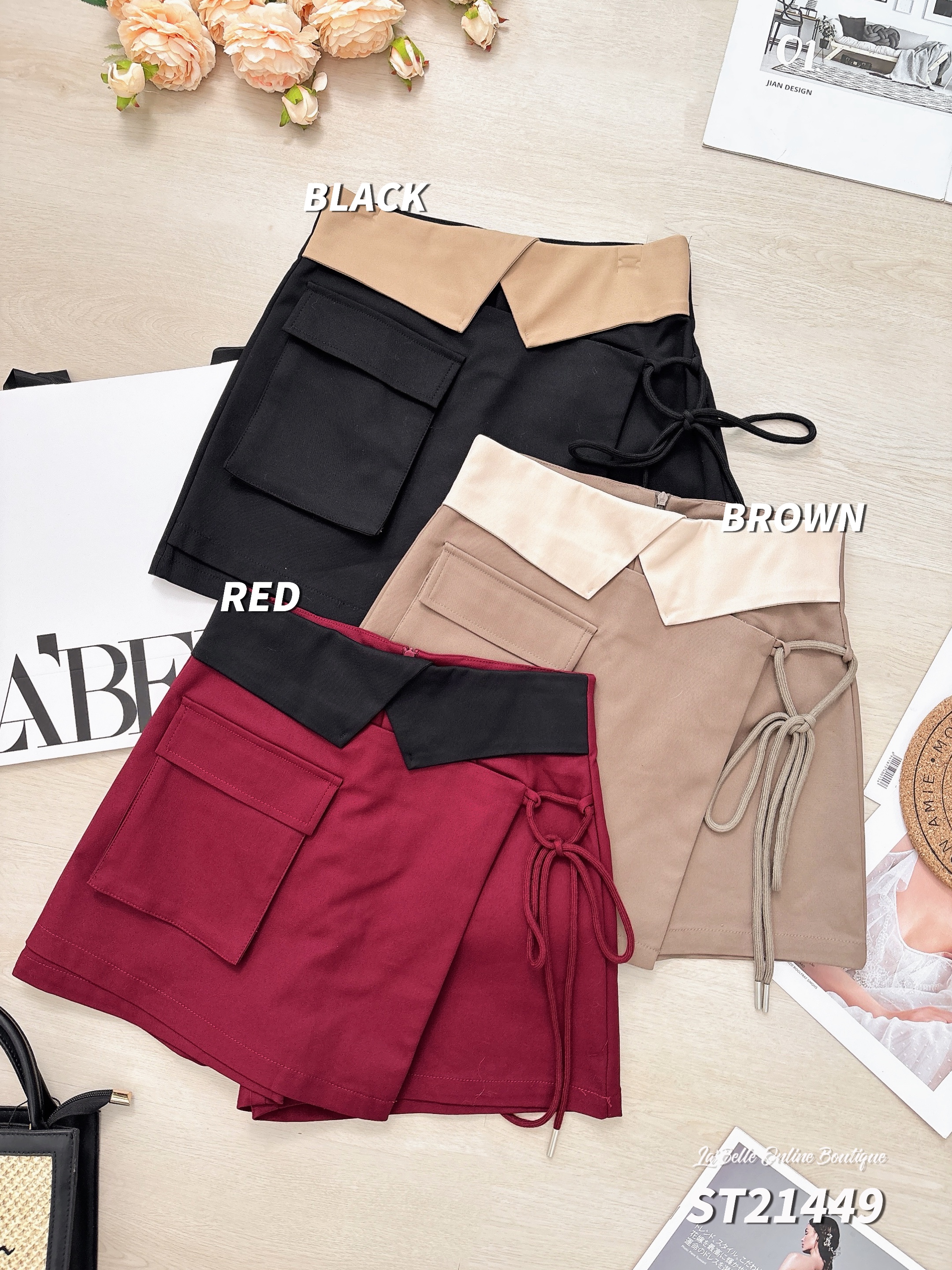 【LBP独家】百搭撞色系带设计A字高腰裤裙 (ST21449)