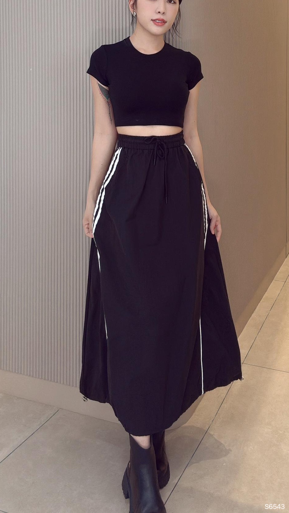 设计感A字抽绳设计高腰半身裙 (S6543)