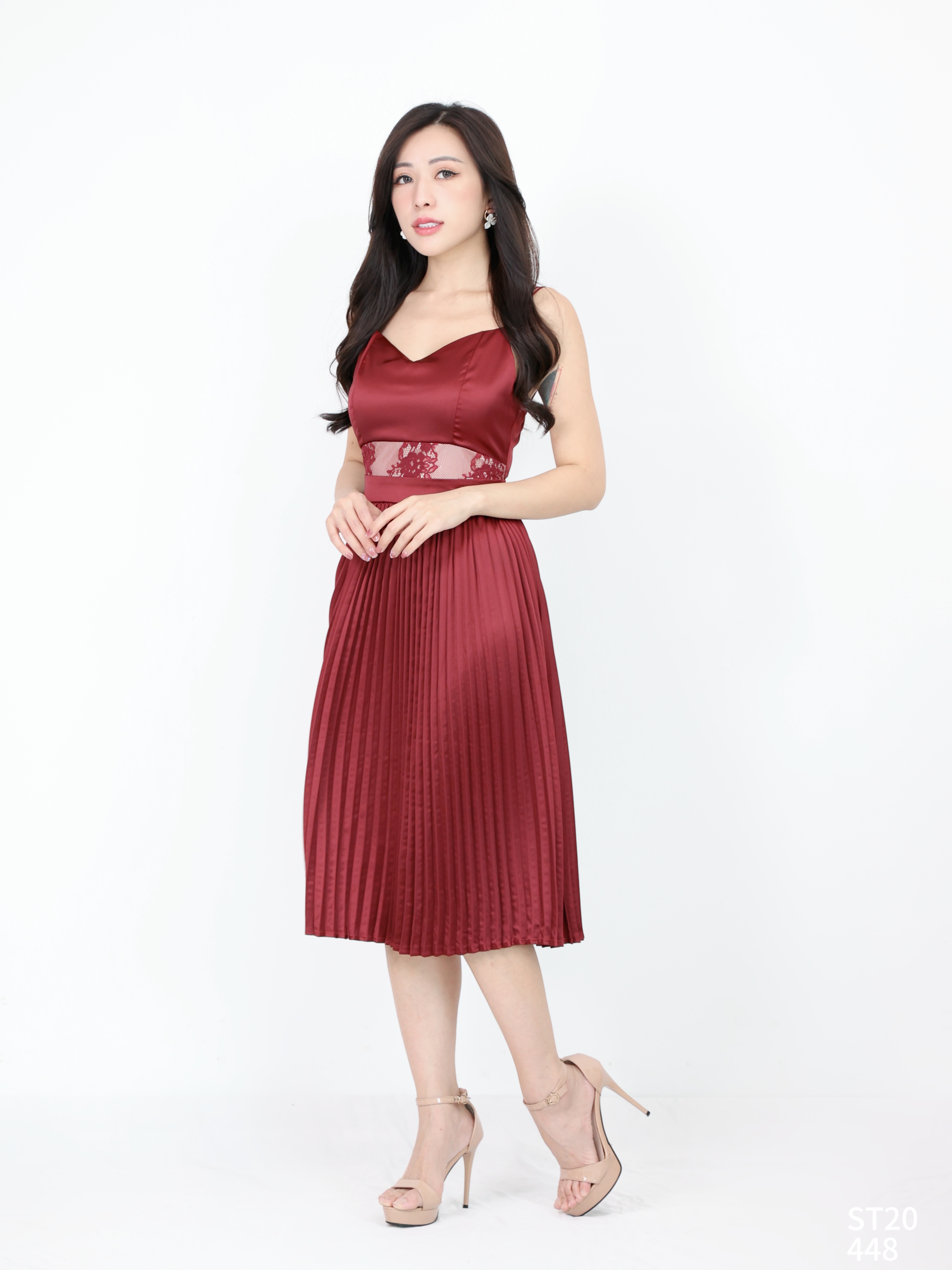 色丁拼接蕾丝吊带连身裙 (ST20448) 