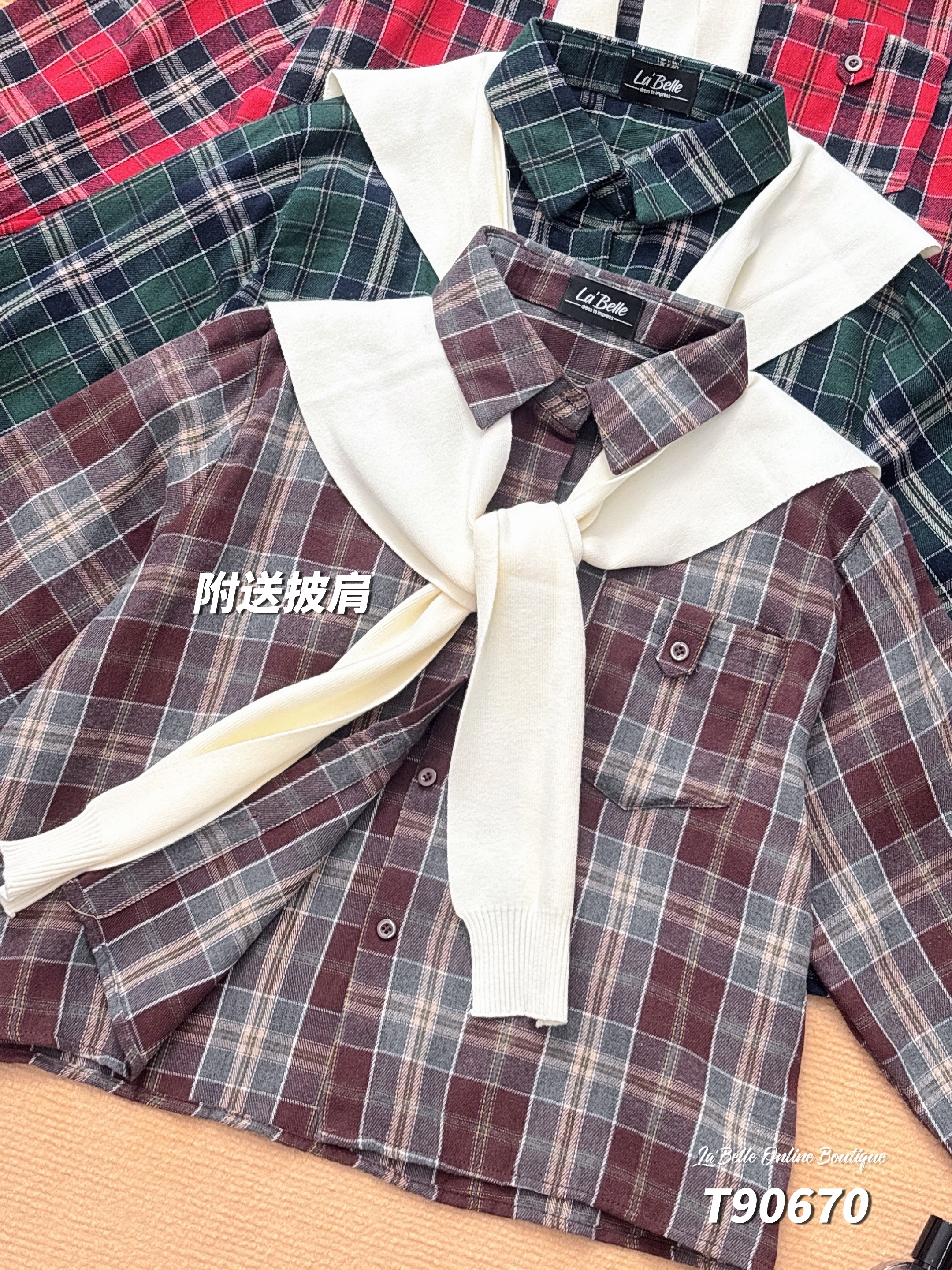 复古格子披肩设计长袖上衣 (T90670)