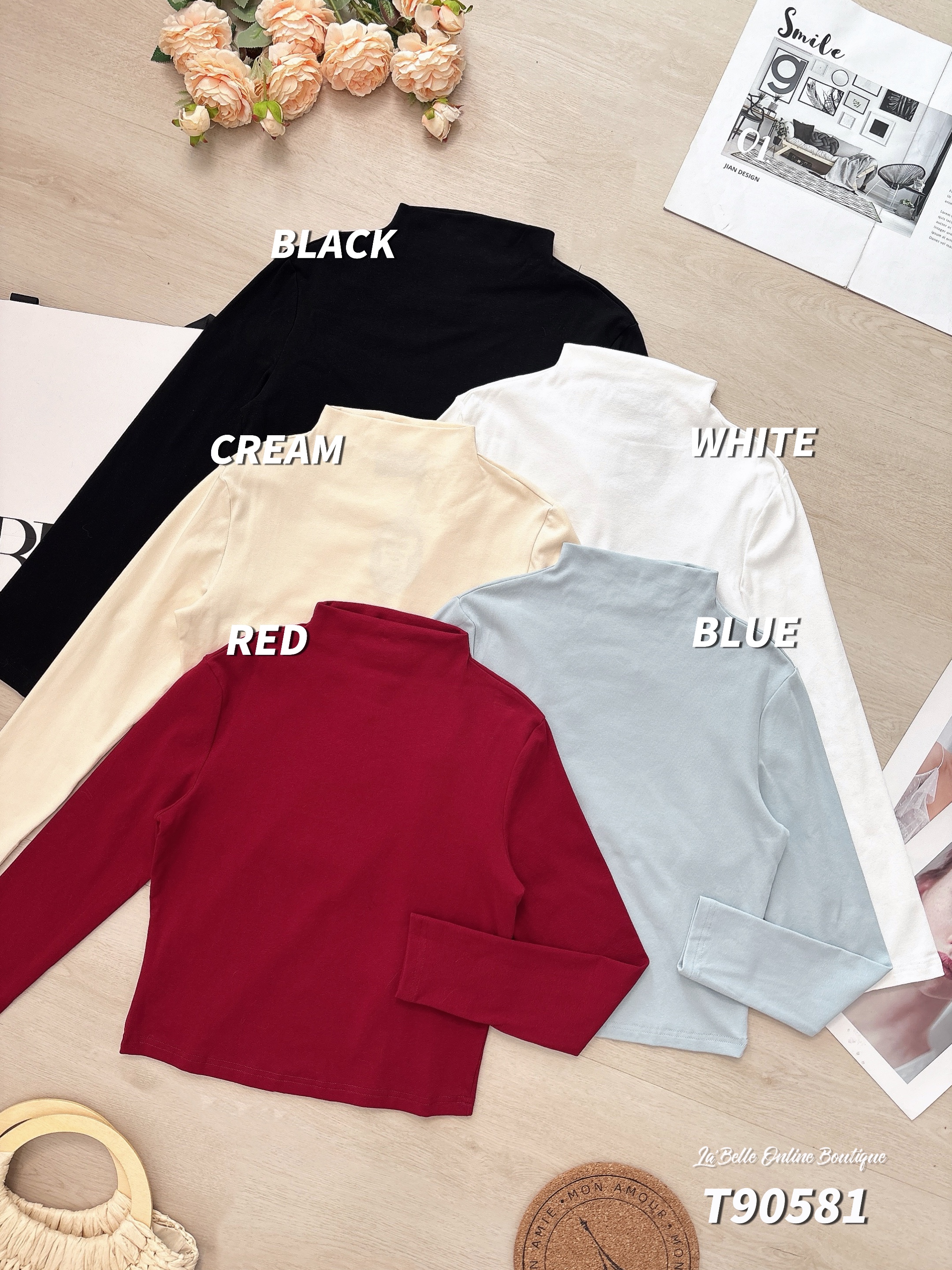 百搭纯色半高领长袖上衣 (T90581)