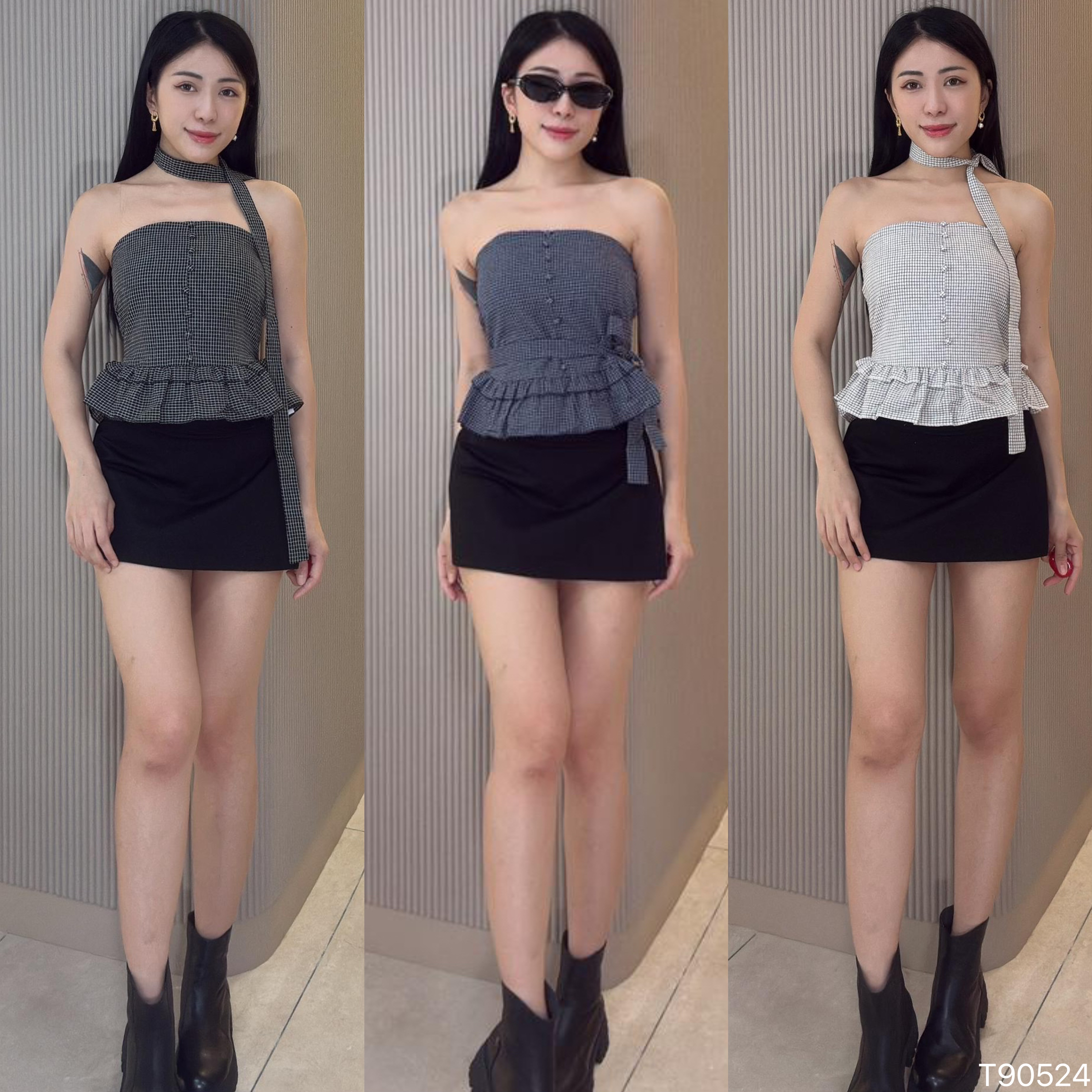 韩系荷叶边格子设计抹胸上衣 (T90524)